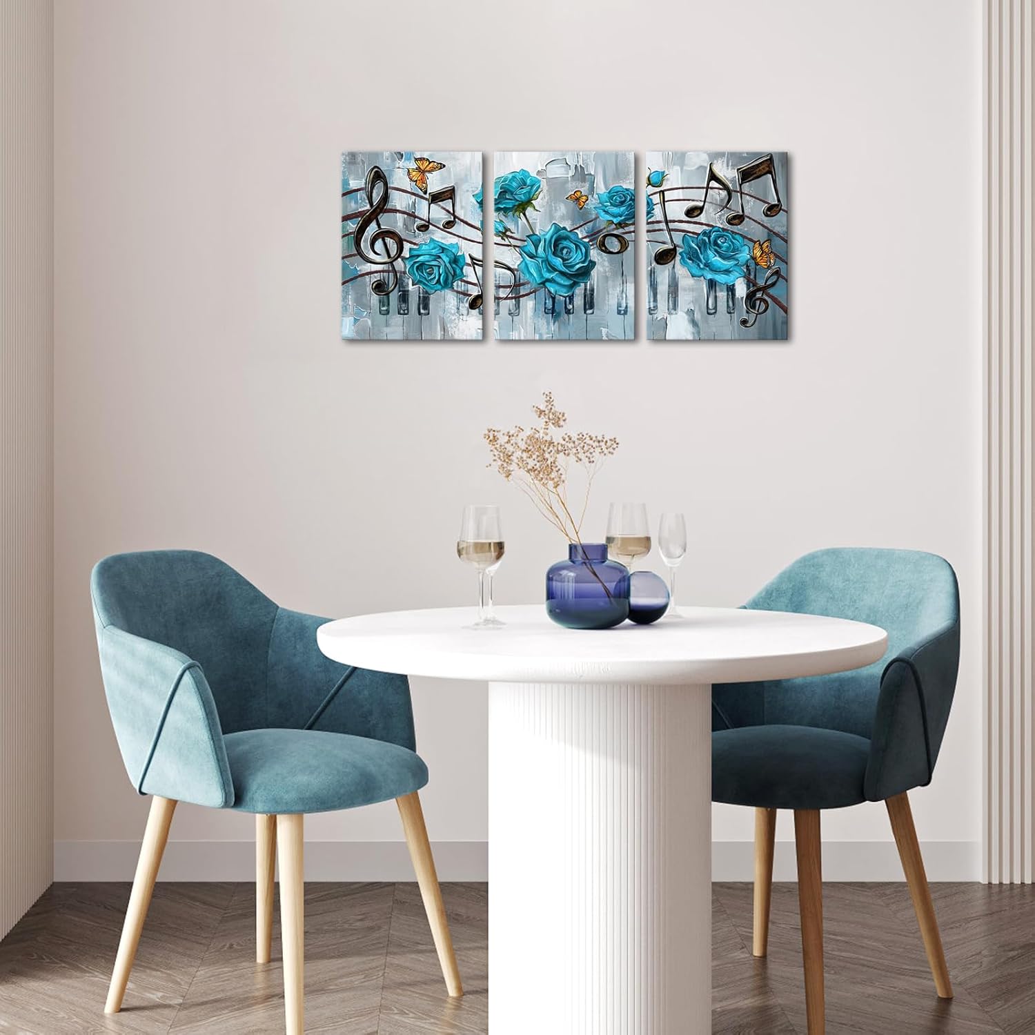 Biuteawal 3 Pieces Music Art Print Canvas Musical Notes Wall Decor with Blue Rose Flowers Poster Picture Romantic Painting Artwork for Classroom Music Room Decor Framed