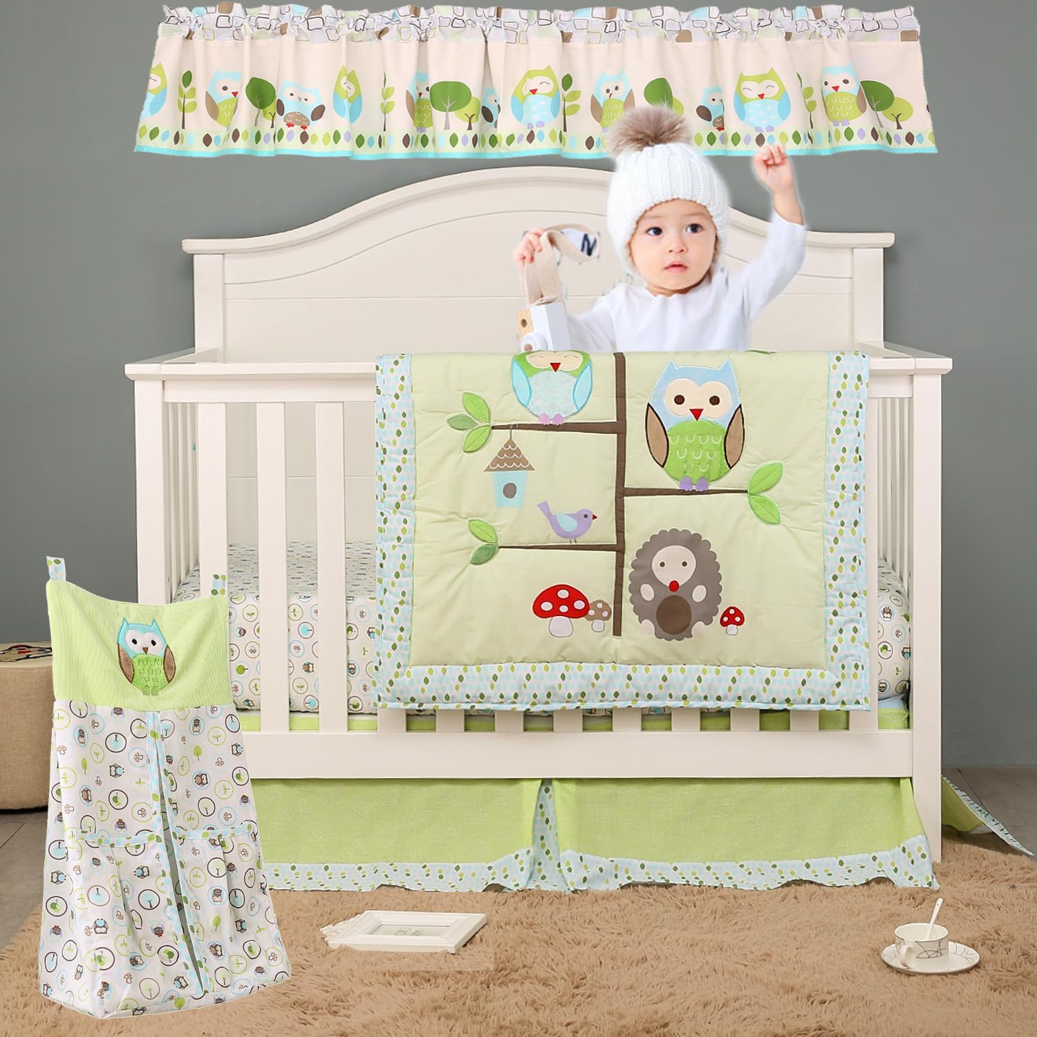 Owl Squirrel Nursery Crib Bedding Set for Boys -5 Pices Forest Animal Owl Baby Boy Crib Bedding Set-Comforter/Fitted Sheet/Skirt/Valance/Diaper Stacker
