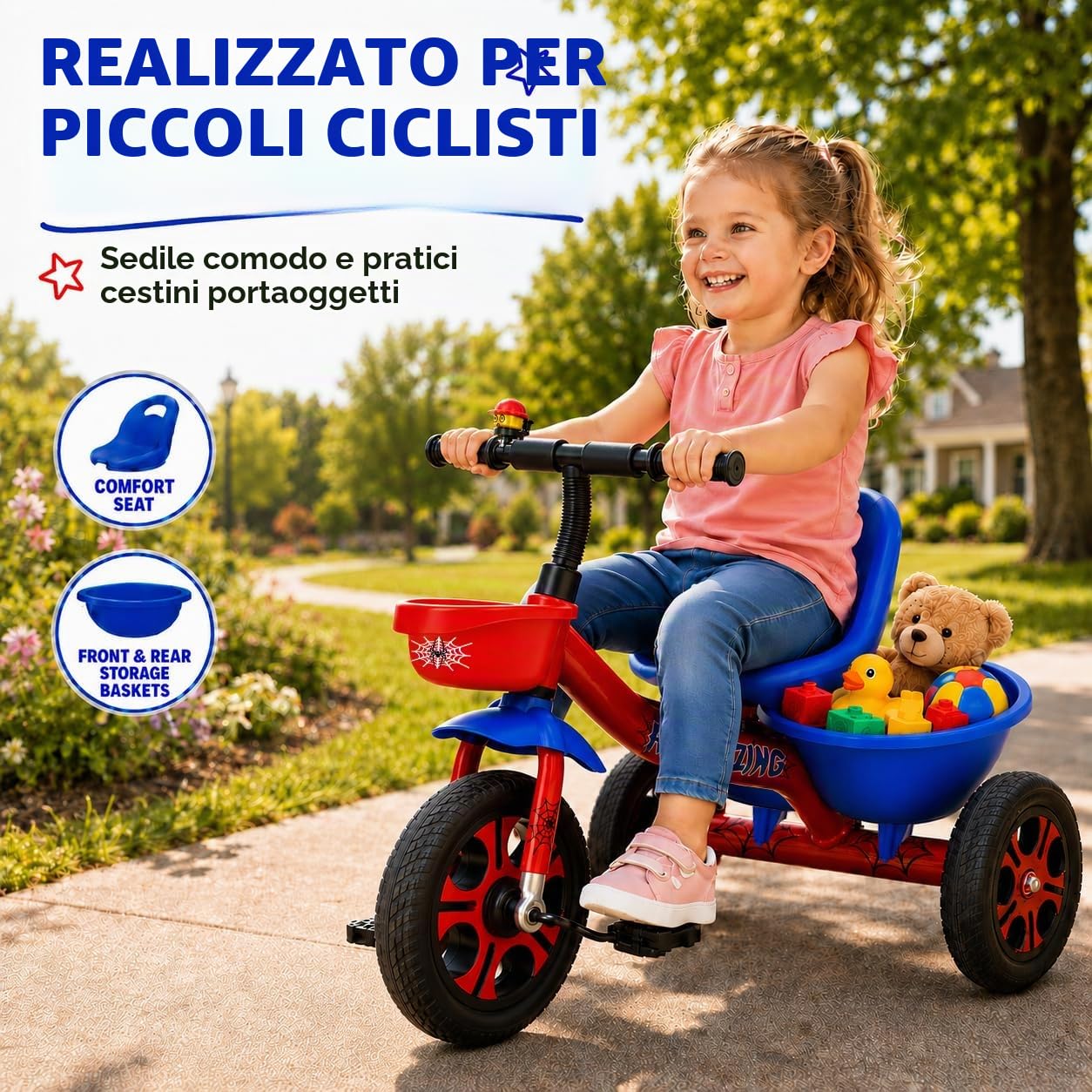 Triciclo a forma di ragno per bambini da 1 a 5 anni, bicicletta senza pedali con sedile regolabile e ampio cestino portaoggetti. Regalo perfetto per bambini e bambine da 1 a 5 anni.