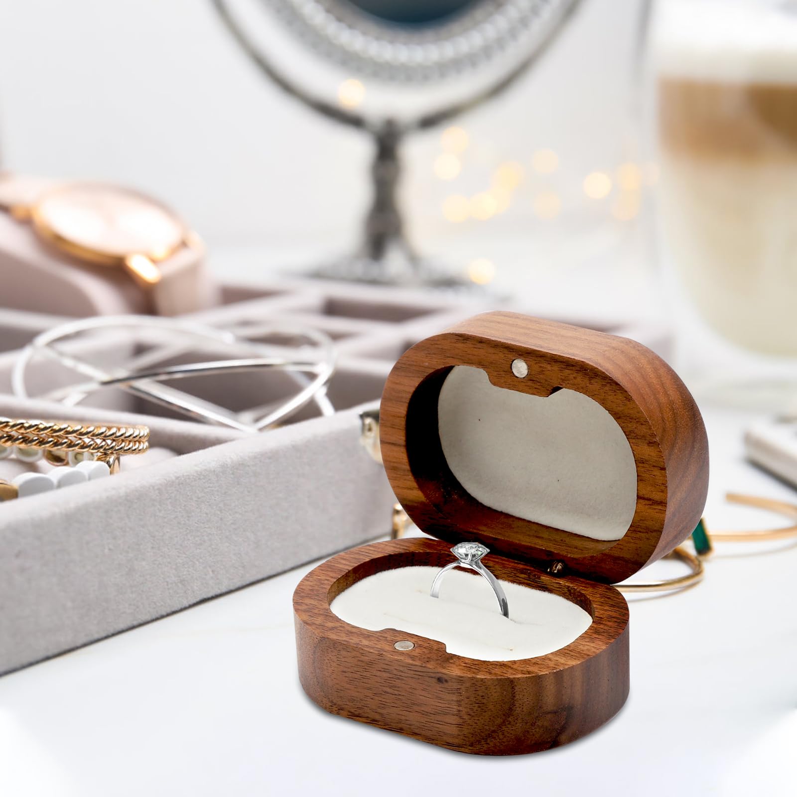 Scatola per anelli in noce, realizzata a mano, rotonda, in noce, realizzata a mano, scatola per anelli di fidanzamento, tascabile in legno di noce, scatola portatile per proposte di matrimonio
