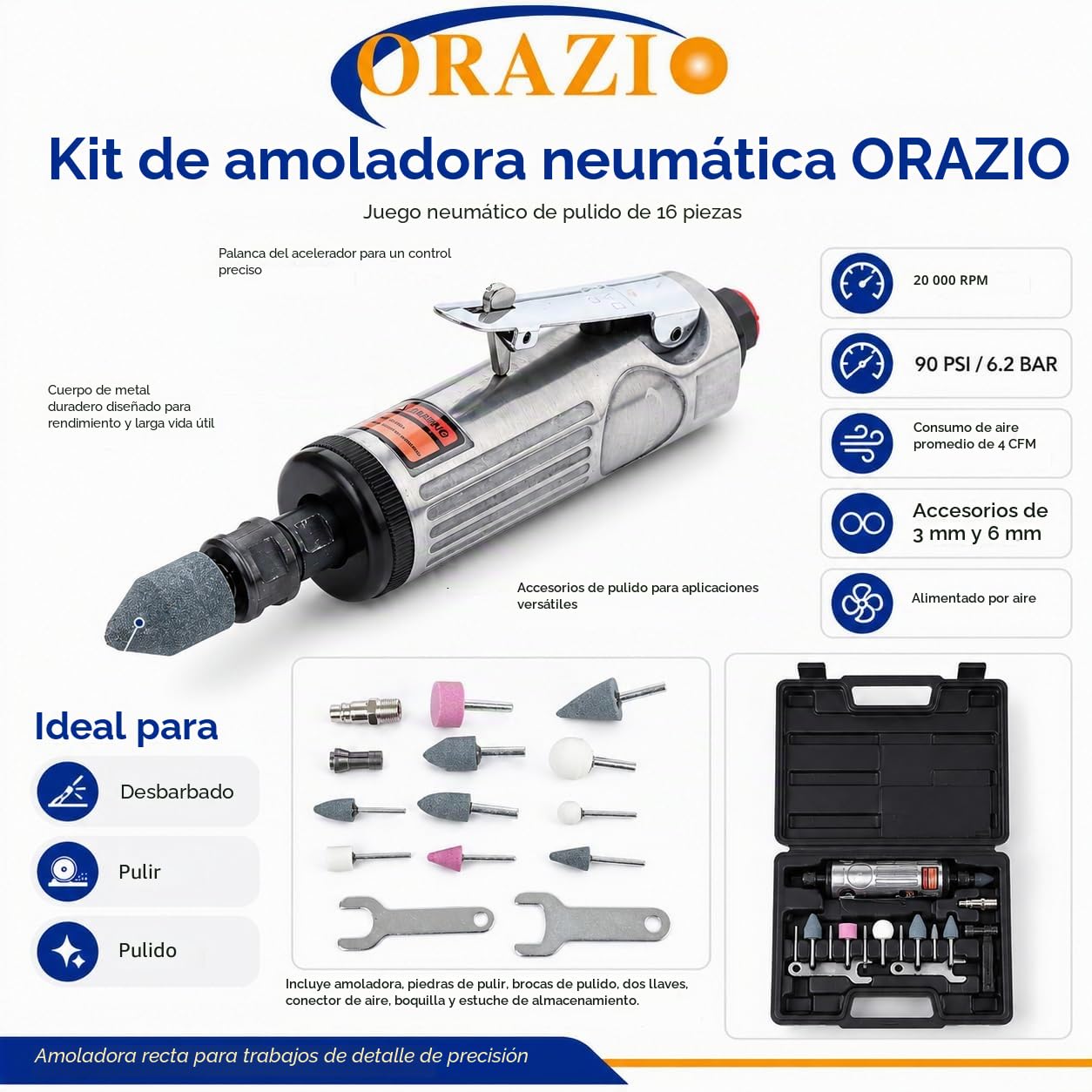 ORAZIO Kits de Amoladoras rectas de Aire 16 Piezas, Mini Amoladora Recta Neumática para Reparación de Neumáticos y Otras Aplicaciones, con Accesorios de 3mm 6mm 212505B