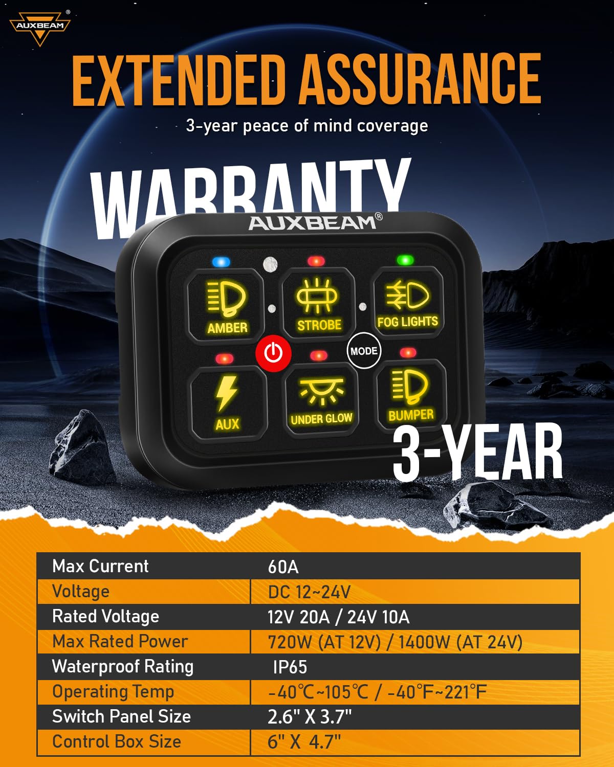 Auxbeam RGB 6-stopniowy panel przełączników RA60, panel z automatycznym ściemnianiem, funkcja pamięci impulsowej, panel przełącznika 12-24 V, do ciężarówki, UTV, samochodu, łodzi, wodoodporny, 2