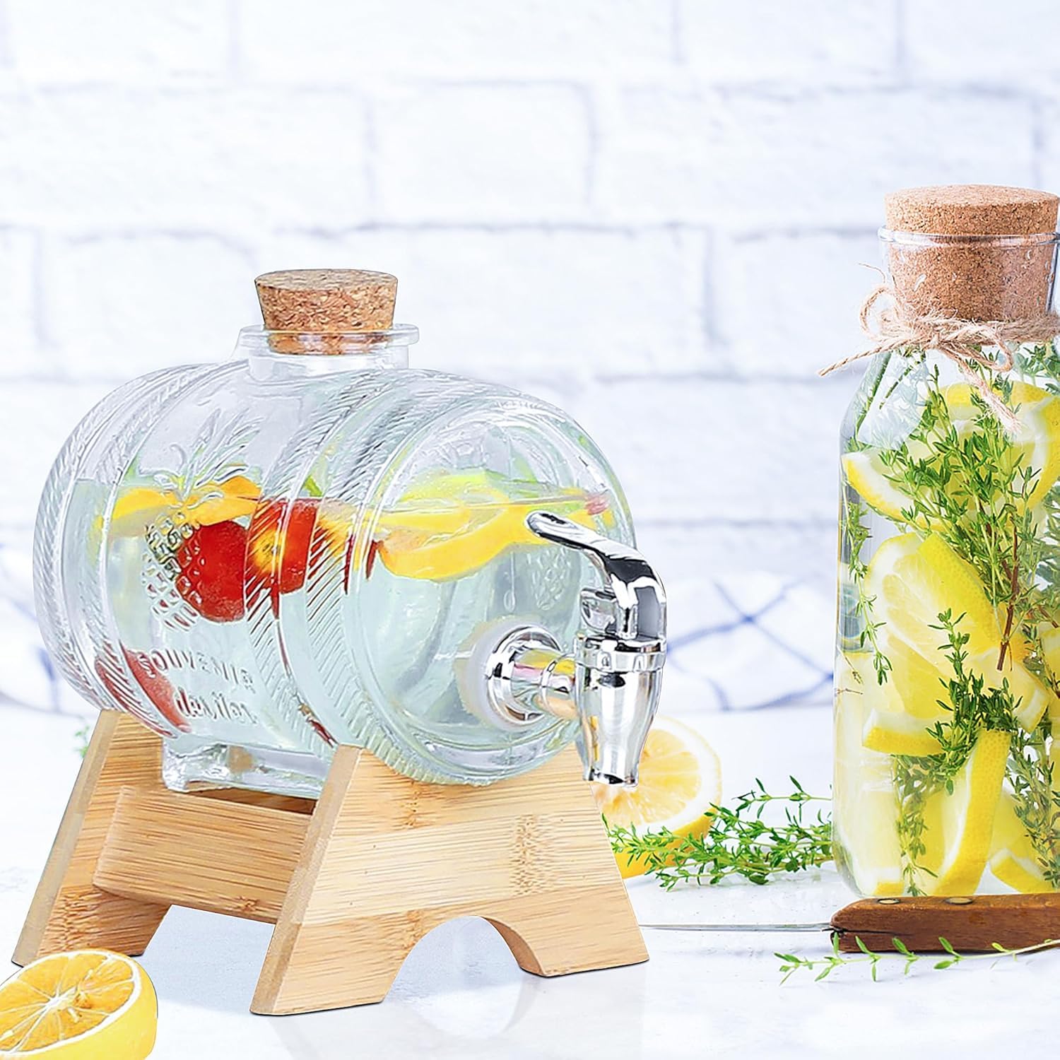 Szklany dozownik napojów z kranem i drewnianym stojakiem – szczelny słoik na napoje, 1 l / 3 l / 5 l z zakrętkami z korka – idealny na imprezy, whisky, lemoniadę i nie tylko