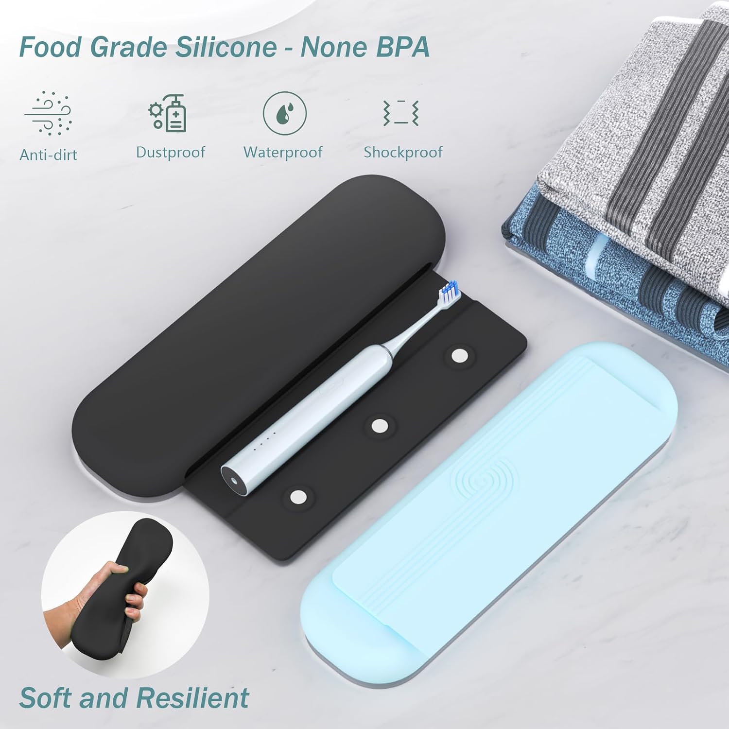 Silicone Toothbrush Travel Case, Electric & Manual Toothbrush Travel Cover for Men and Women, Portable Toothbrush and Toothpaste Holders for Traveling, Camping, Business Trip, School - Black