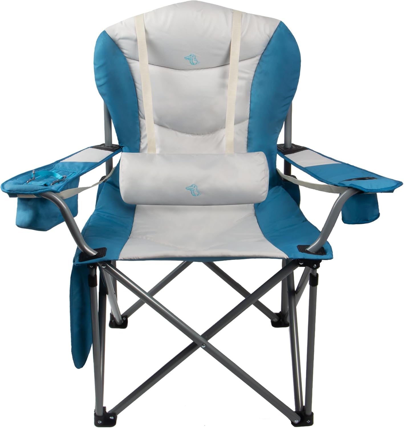 Double Padded Oversized Folding Camping Chair, Folding Beach Chair for Adults with Lumbar Support & Headrest, Camping Chair with Armrest, Cooler Bag, Side Pocket, Cup Holder, Blue&White