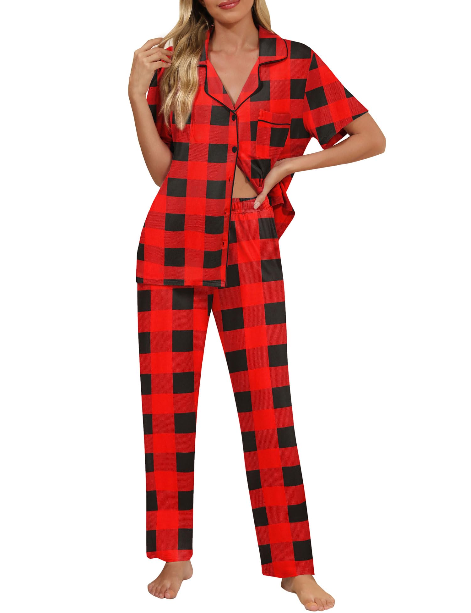 Senert Women Pajamas Set Short Sleeve Sleepwear Button Down Shirt with Long Pants Soft Pjs Set Nightwear Lounge Sets S-XXL