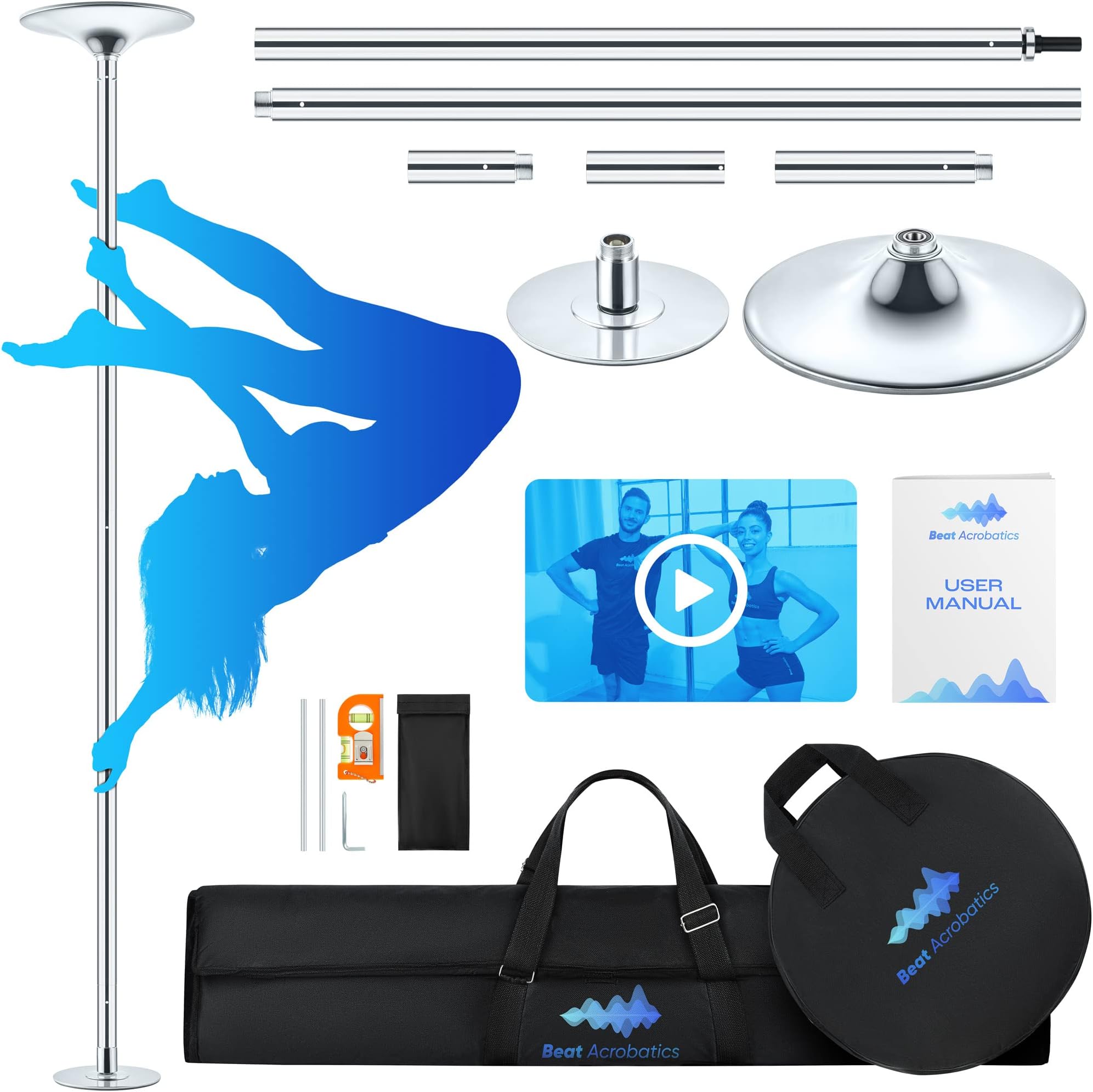 BEAT ACROBATICSPole Dancing Pole for Home | A Strong Portable Dance Pole with Extensions | Spinning/Static | Silicon Rings Protecting Floor and Ceiling (87"-108")