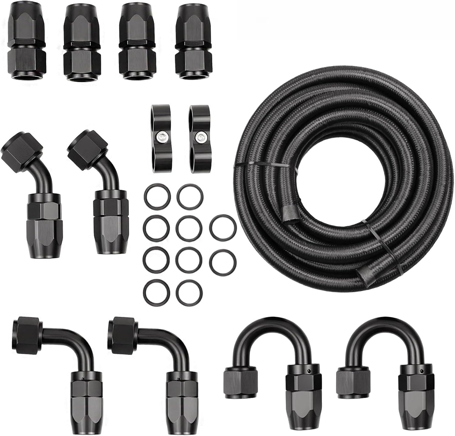 6AN Fuel Line Kit, Black High Performance Hose, 6AN Nylon Braided Fuel Line Kit CPE 20FT 6AN Premium, Includes Fittings and Mounting Hardware, General Motors Fuel Systems (20ft, 6AN)