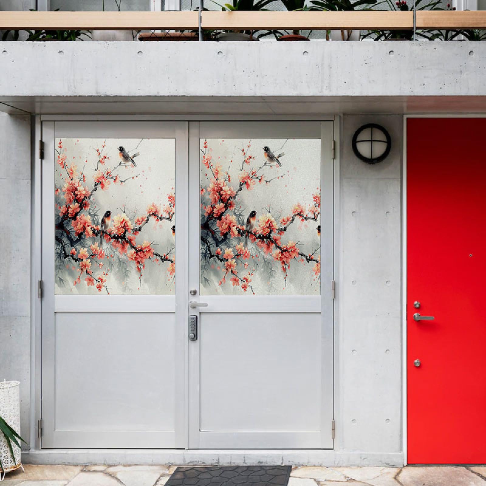 Láminas para Ventanas, Cortina de baño autoadhesiva con Estampado Flor Ciruelo(60x58cm/2pcs)