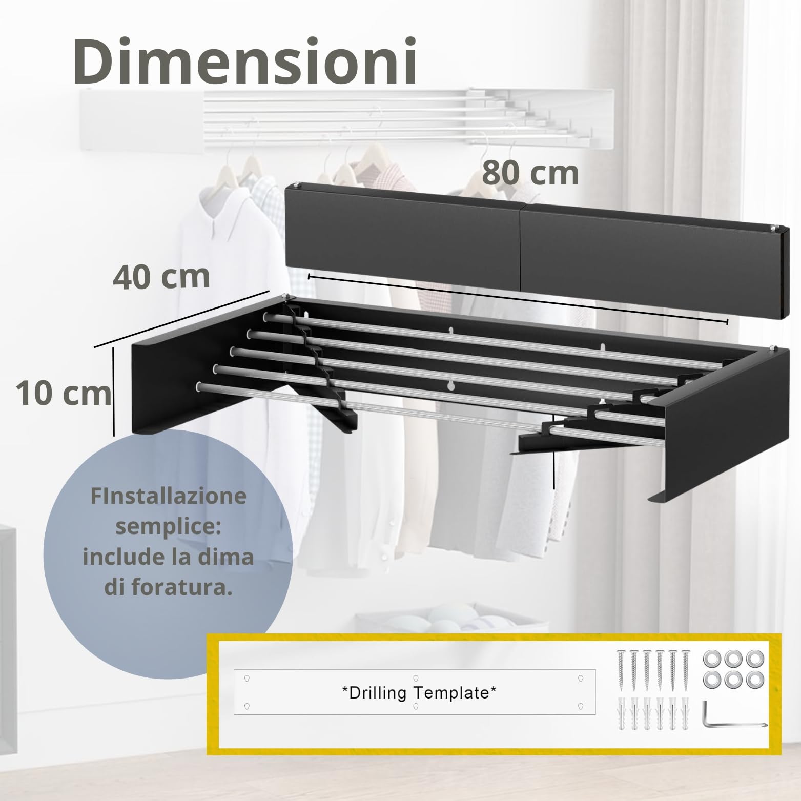 Stendino da Parete Pieghevole Estensibile Retrattile 80 cm con 24 Pinze Stendibiancheria da Muro Richiudibile Antiruggine Interno Esterno Salvaspazio