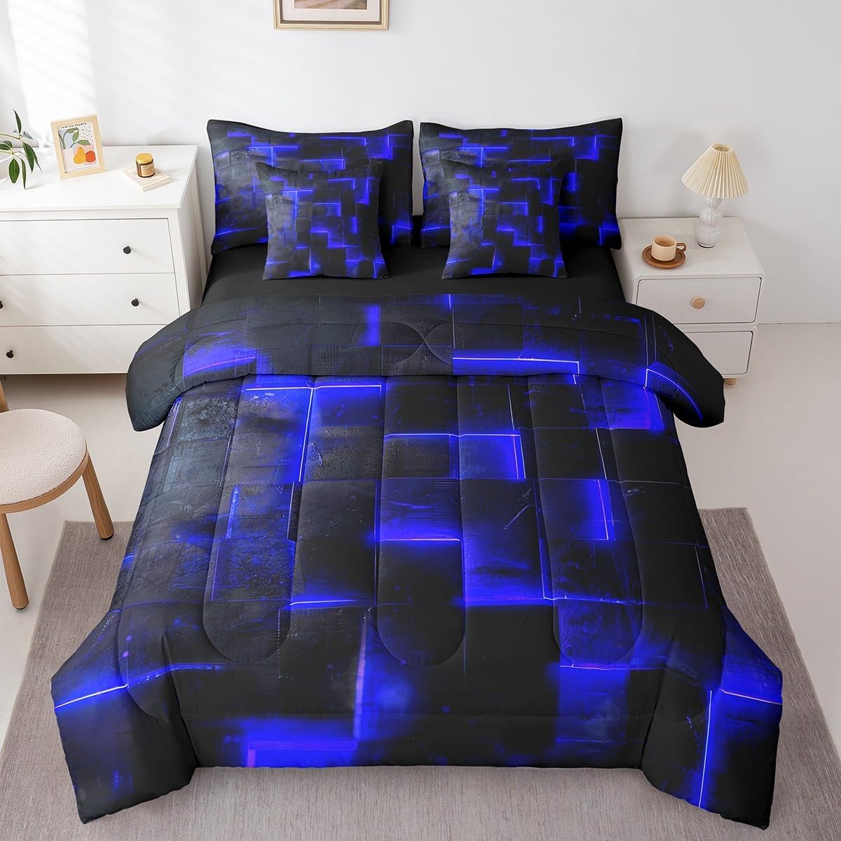 Erosebridal 3D Geometric Bed in a Bag 7pcs Abstract Aesthetic Bedding Set, Black and Green Queen Size Comforter Set Glowing Futuristic Cubes Bedding Comforter Sets, Neon Grid Bed Set