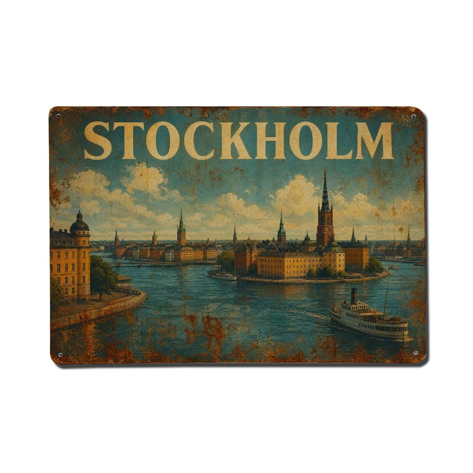 Huiyhb 8X12inch(20X30cm) Vintage Travel Stockholm Waterway Scene Sweden Metal Tin Sign