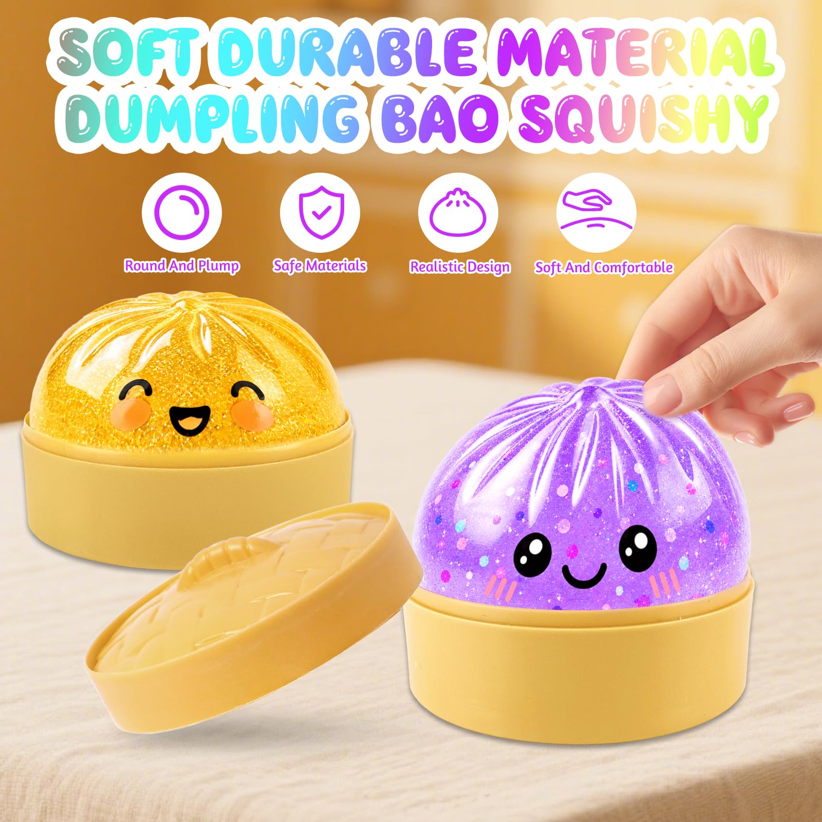 Glitter Dumpling Squishy con Cestelli per Vapore ,Mochi Squishy Antistress Con espressioni carine ,Squishys Toy Kawaii a Forma di Raviolo Squishys ,Squeeze Toy Sensoriale per Bambini e Adulti