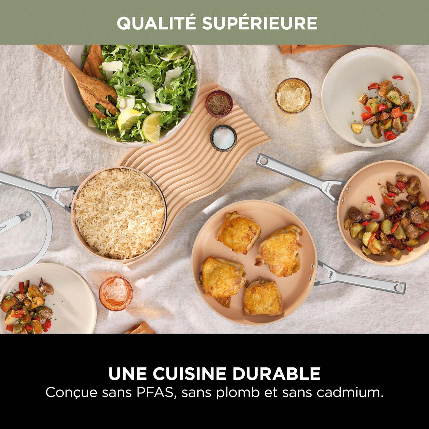 Ninja Extended Life Batterie Céramique 5 Pièces (Poêles 20/24cm + Casseroles 16/18/20cm + couvercles), Antiadhésif (sans PFA, PFOA, Plomb ou Cadmium), Résistance 285°C, Gris & Terrecota, CW95000EUUKDB