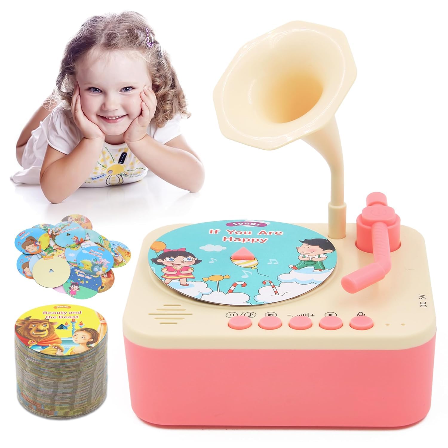 MOROVIK Gramophone with 96 Learning Cards, Record Player, Storytelling Machine for , Kids Music Player, Phonograph Toy (NC001)
