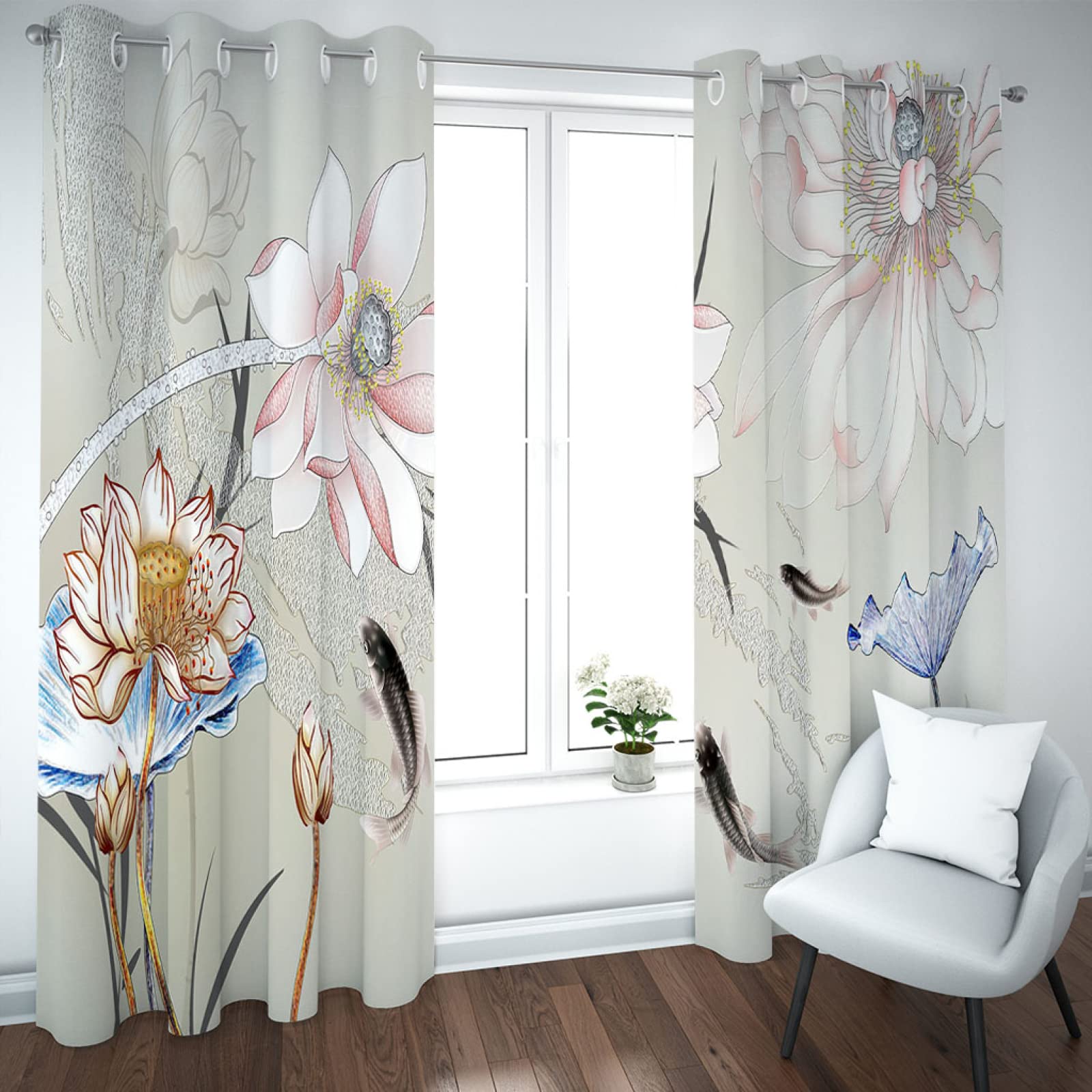 Tende Oscuranti Termiche 2 Pezzi - Stampa 3D Fiori Bianchi, 280x260 Cm, Con Occhielli, Per Camera E Soggiorno