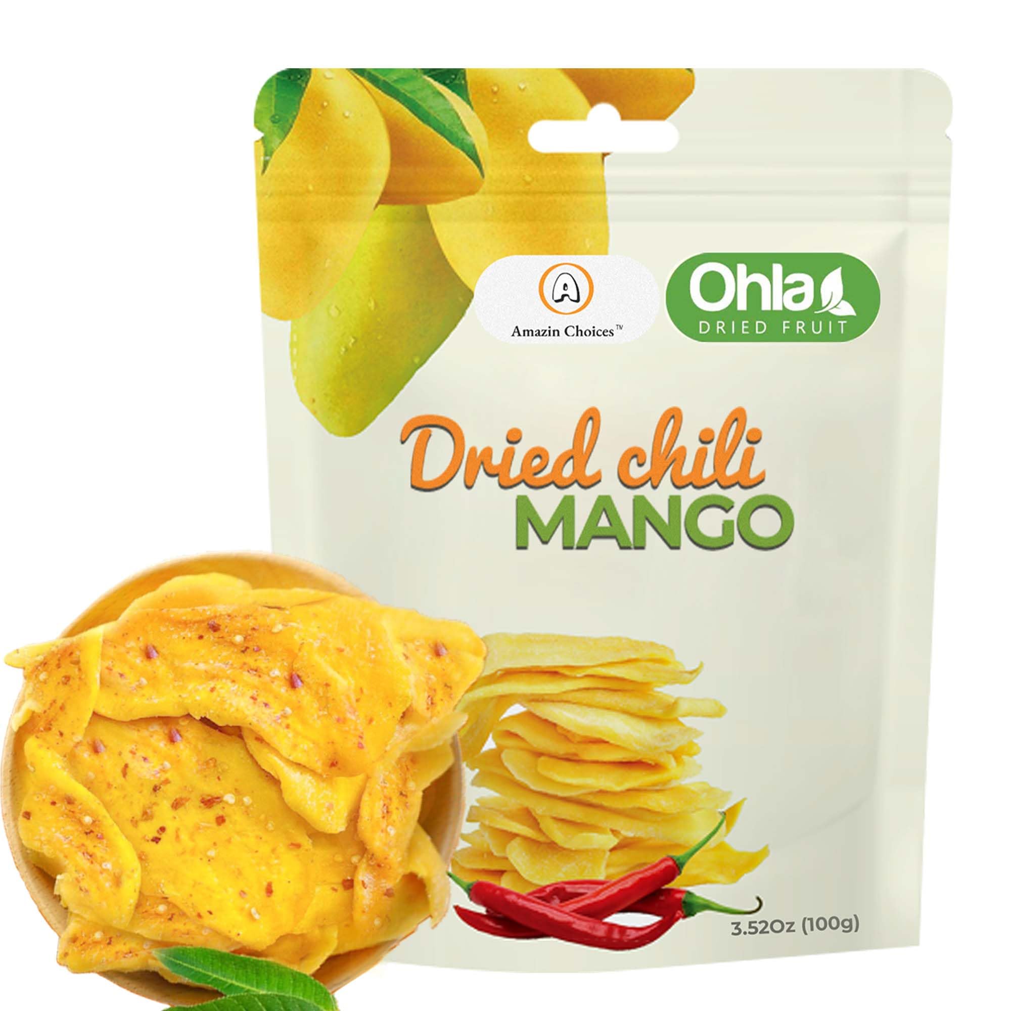 Dried Chili Mango by Amazin Choices – Premium Fruit Snack Strips, Vegan, Non-GMO & Gluten-Free, Sweet-Spicy Mangoes Slices, Snacks for Office (3.52 Oz)
