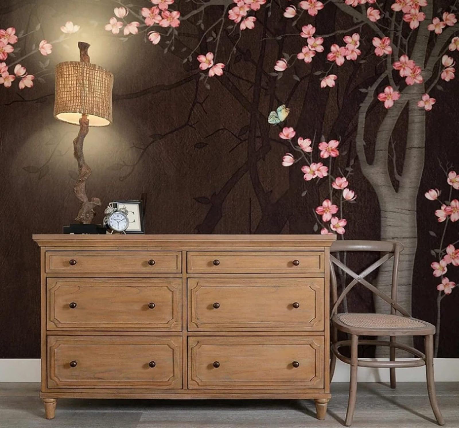 Wallpaper-3D-Xlm 250Cm×170Cm(B×H) Retro Three Dimensional Trees Flowers Butterflies 3D Wallpaper Easy Install Feature Office Living Room Sofa Bedroom Tv Background Wall Decoration-250Cm×170Cm