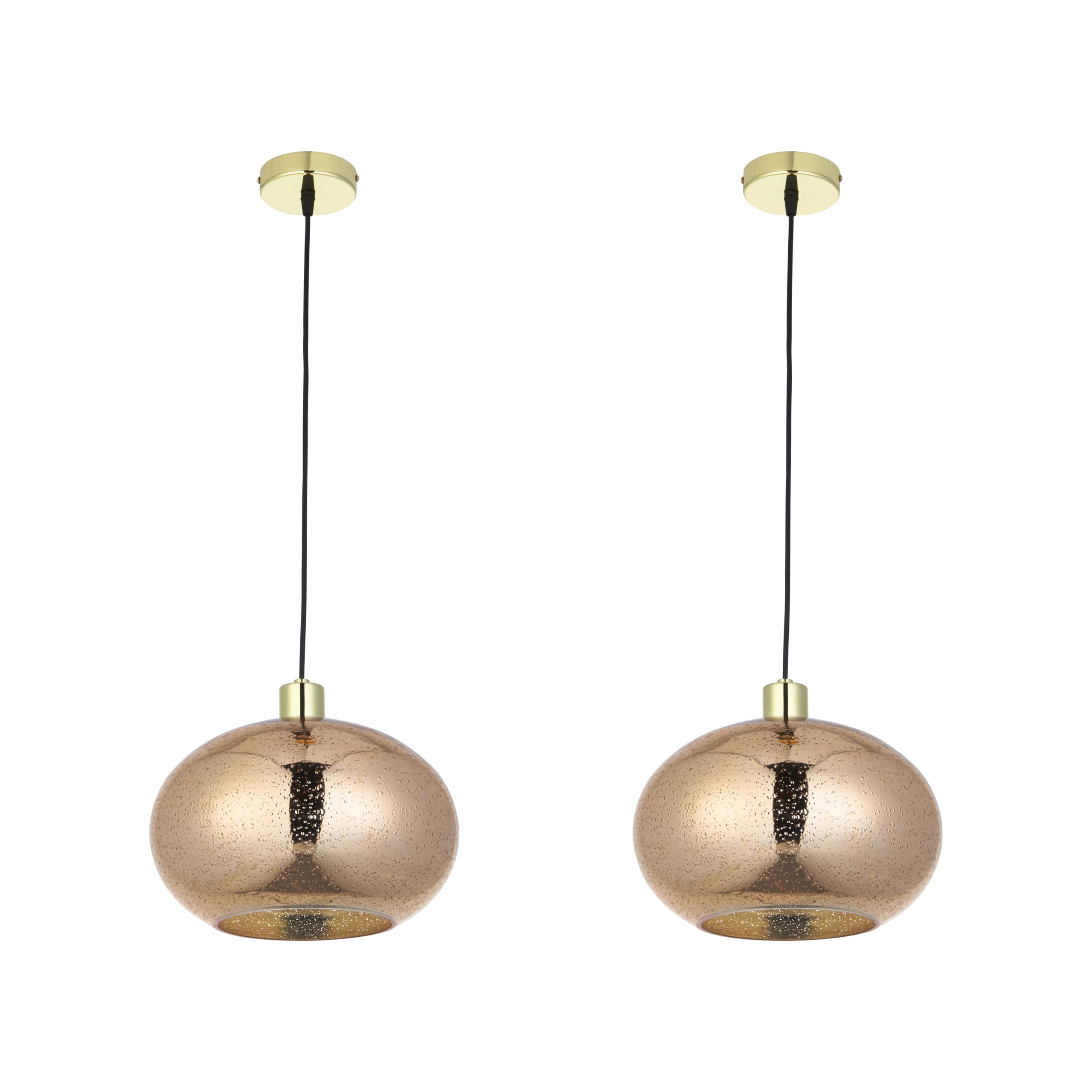 firstchoicelighting Set of 2 Gold Bubble Glass Ceiling Light Pendants with Black and Gold Cable Kit, Height Adjustable, Diameter 30cm, Kitchen Island Dining Lighting