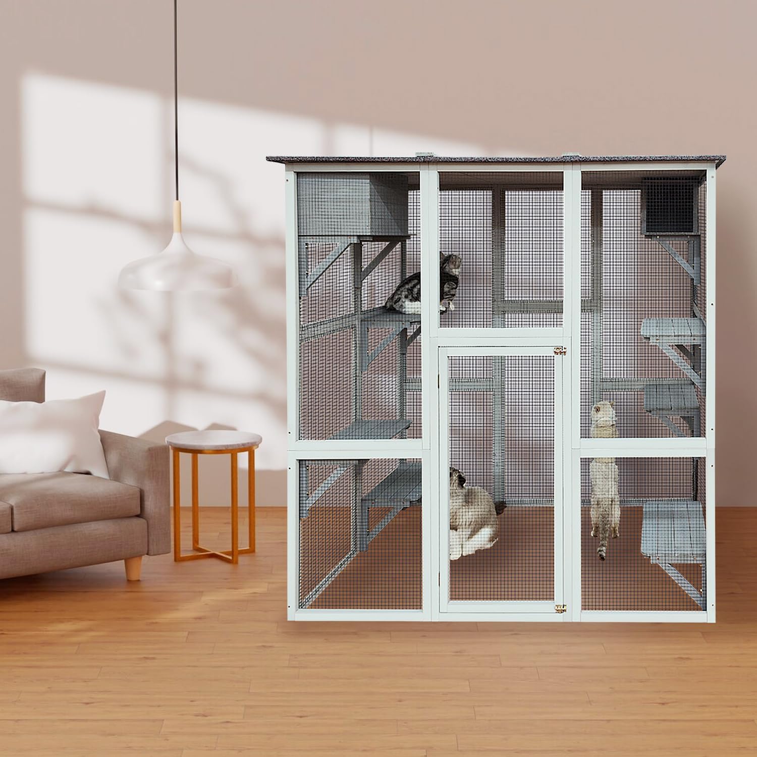 review 71 Inch Wooden Catio Outdoor Cat Enclosure, Large Cat House with 8 Jumping Platforms, 2 Napping Houses & Weatherproof Asphalt Roof, Walk-in Kitty Condo Shelter Playpen for Multiple Pets, White