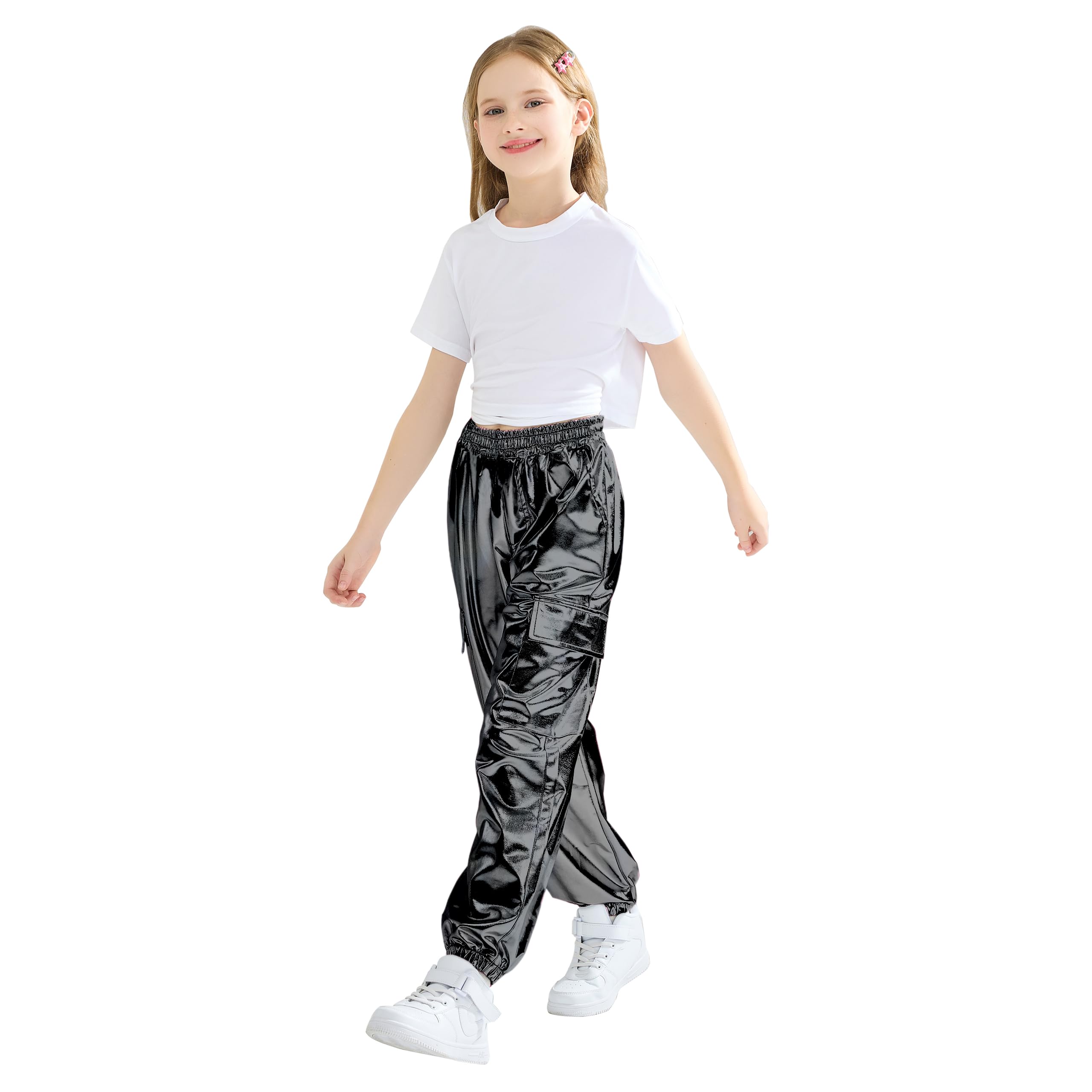 Rolanko Cargo Hosen für Mädchen, Metallische Tanz Hip Hop Hosen für Kinder Mit Elastischem Bund, Retro Disco Streetwear