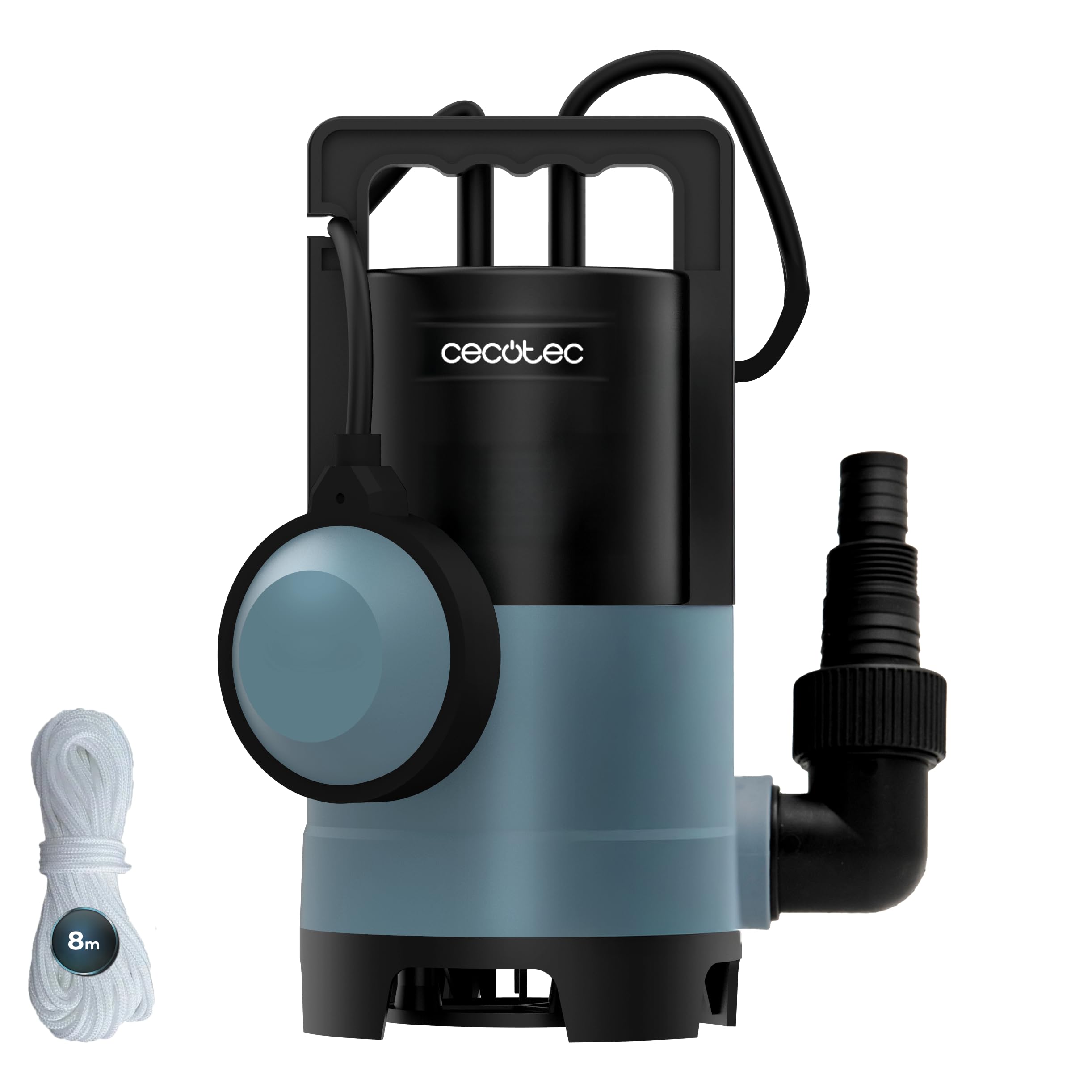 Cecotec Pompa per Acque Scure Axike 400 Dark. 400W, Portata 8000L/h, Altezza 5,5m, Profondità 7m, Particelle 25mm, Interruttore Galleggiante, IPX8, Cavo 10m, Corda 8m, Svuota Molto Velocemente Tutto