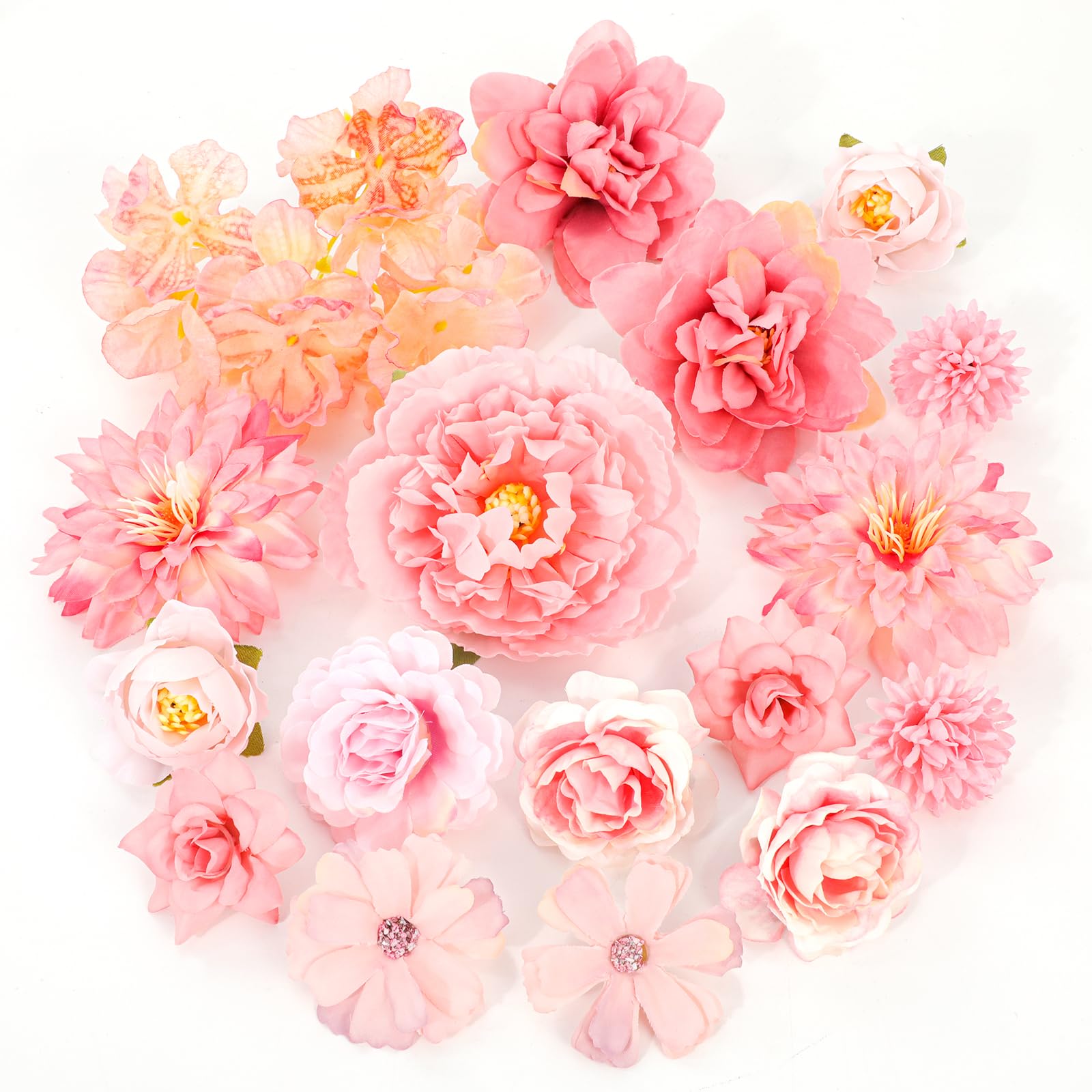 LARDUX 24 pezzi di fiori artificiali per fai da te, teste di fiori artificiali rosa, piccoli fiori di seta, mix di teste di fiori artificiali per fai da te, scrapbooking, matrimoni, feste