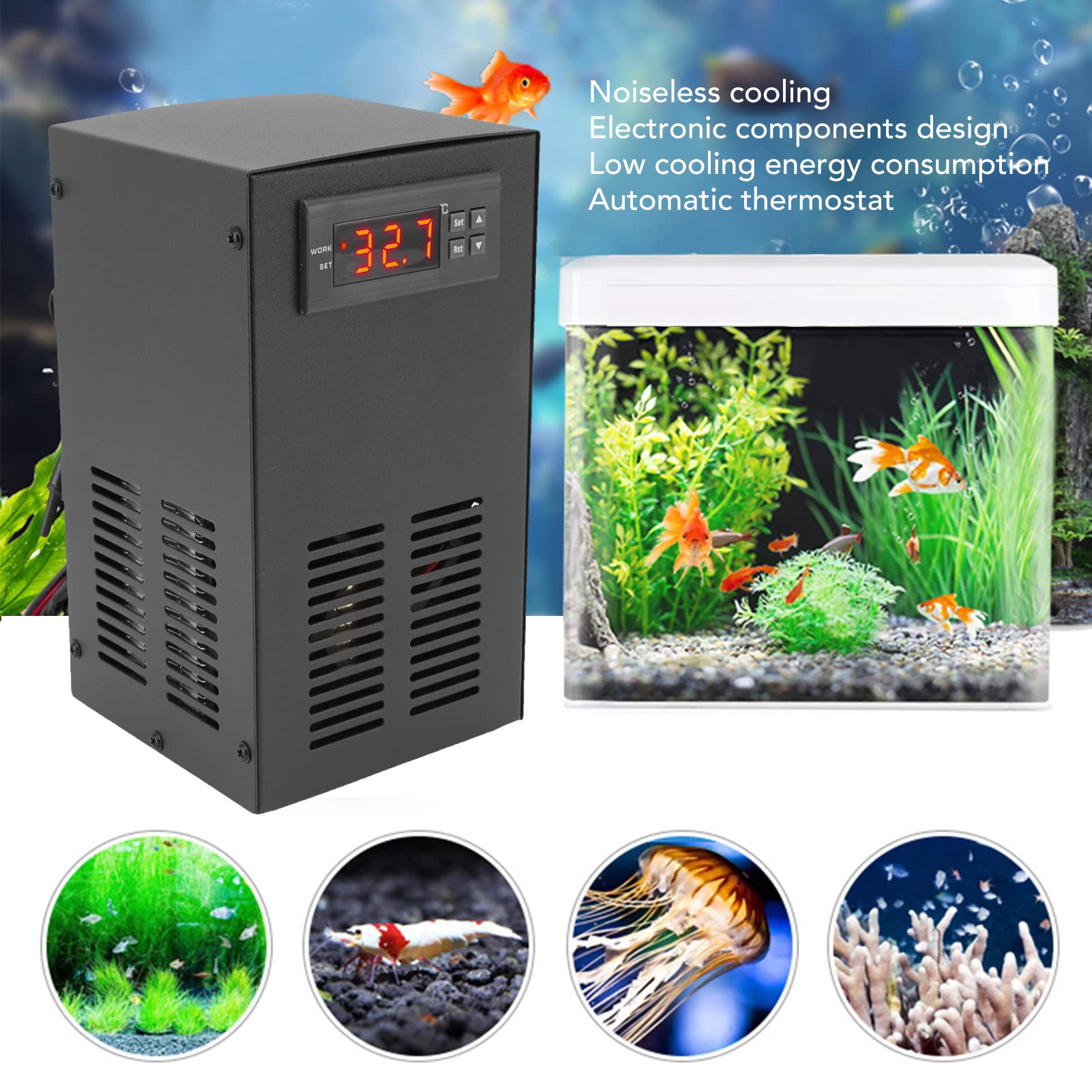 Asixxsix podgrzewacz chłodnicy wody akwarium, 120W Monitorowanie w czasie rzeczywistym Elektryczny chłodnik wodny z adapterem i wężem dla akwarium, zbiornika rybnego (wtyczka UE)