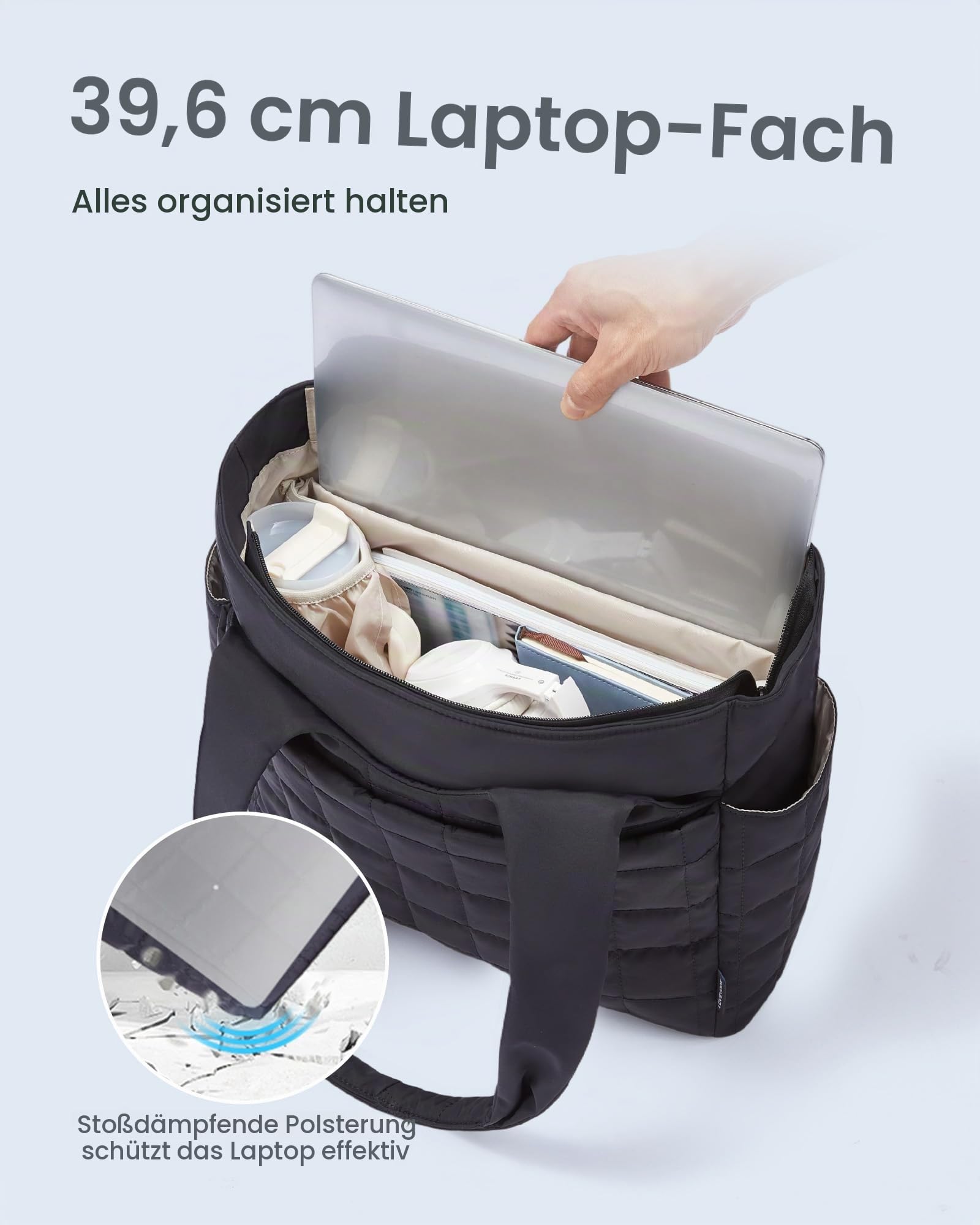 LOVEVOOK Puffer Handtasche Damen Groß, 15,6 Zoll Laptoptasche Shopper Tasche mit Wasserflaschenfach, Leichte Arbeitstasche Schultertasche für Arbeit, Uni & Reise