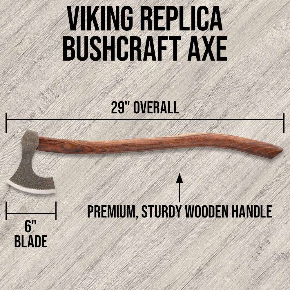 Viking Replica Bushcraft Axe | Historical Craftsmanship | for Outdoor Use | Carbon Steel Blade | Rough-Hewn | Ergonomic Wooden Handle | Overall Length 29”