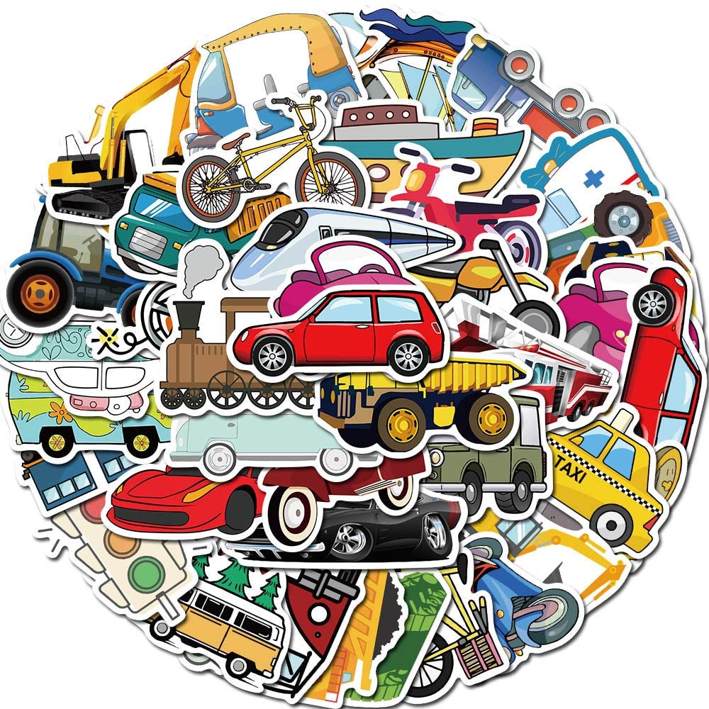 Adesivi carini per trasporto a vela, escavatore, auto, treno, per casco, laptop, PS4, chitarra, giocattoli per bambini, 50 pezzi