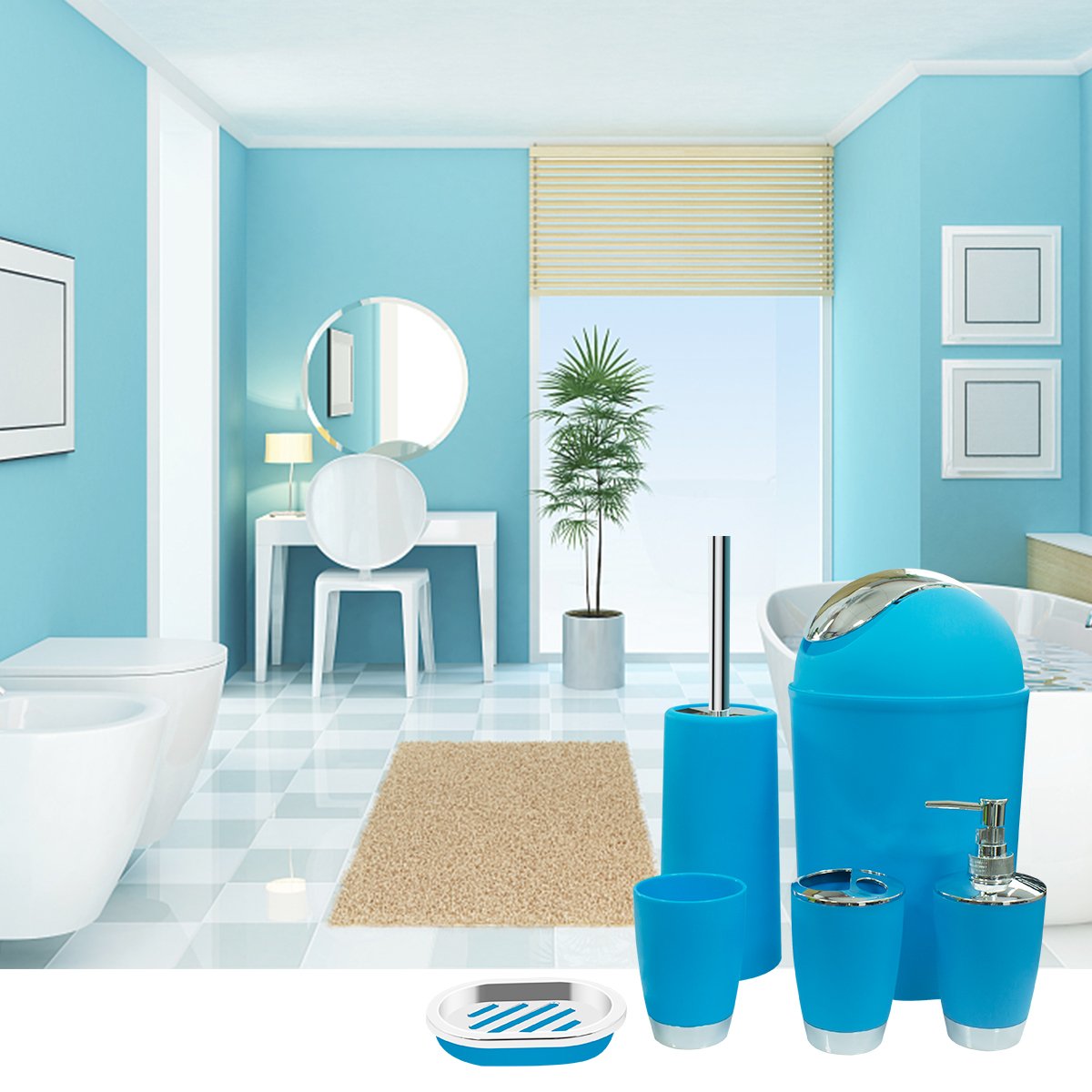 Juego de accesorios de baño, juego de regalo de plástico de 6 piezas, soporte para cepillo de dientes, vaso para cepillo de dientes, dispensador de jabón, jabonera, soporte para cepillo de inodoro,