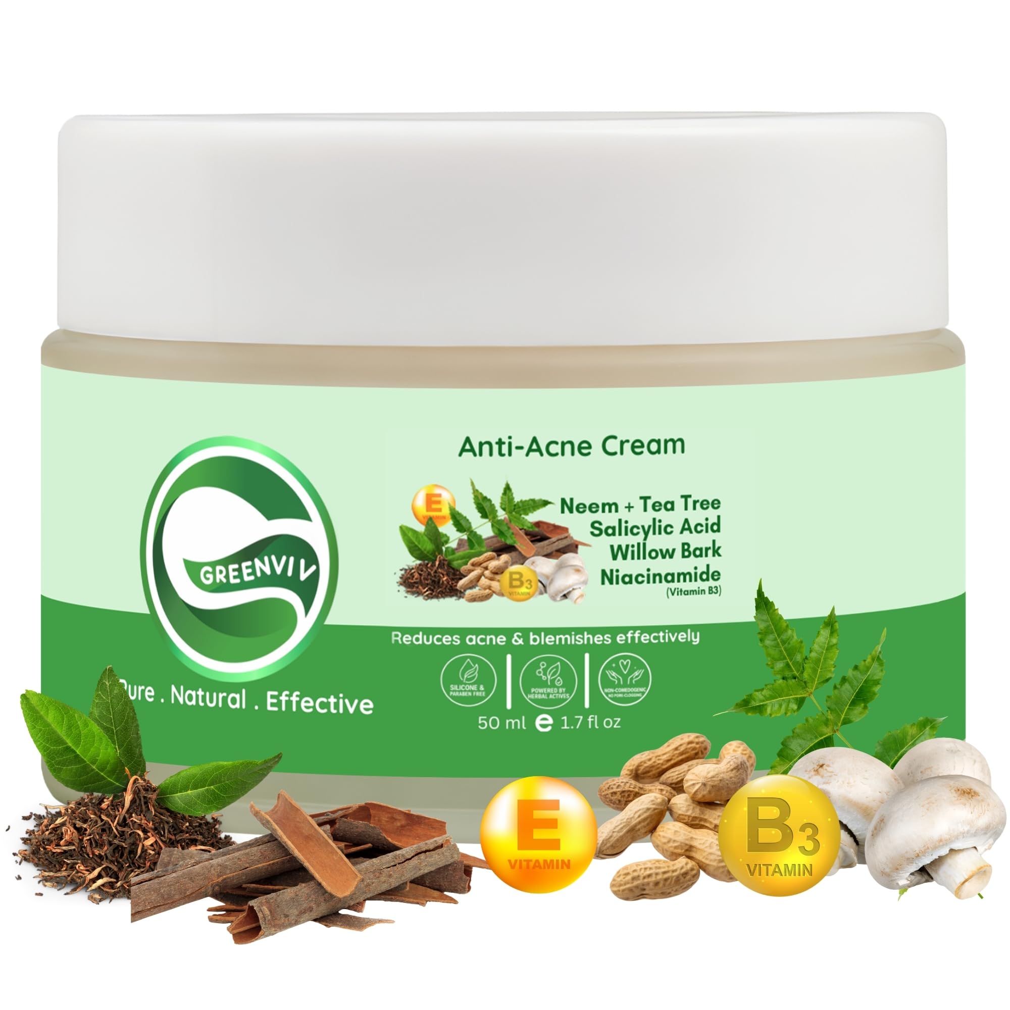 Greenviv Anti Acne Face Cream for Pimples & Breakouts, Reduces Acne & Controls Oil with Salicylic Acid & Niacinamide | Non-Comedogenic for Acne-Prone Skin | 50 ml