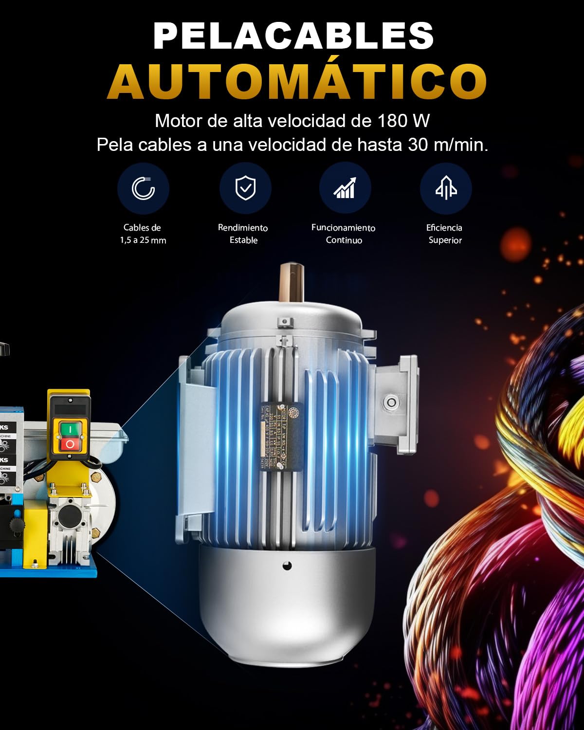 CREWORKS Máquina de Pelacable Electrica 180W 1,5mm-25mm Maquina de Pelar Cables Automática con 5 Canales para Reciclaje de Cobre