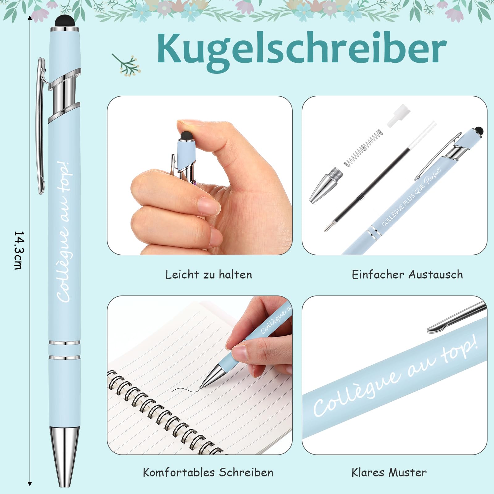 Sinmoe Cadeau Collègue de Travail Femme Remerciement Noël Set 3 Pièces Mini Carnet Spirale Stylo Bille Porte-Clé Départ Retraite Bleu Brume