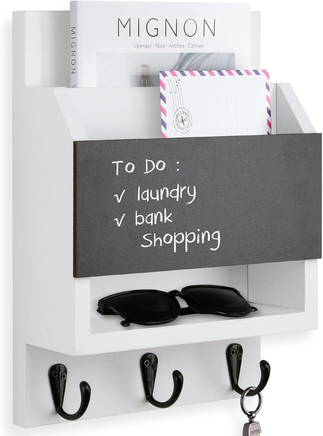 Key and Mail Holder for Wall, Key Holder with Chalkboard and Long Storage Box, Key Hanger with 3 Sturdy Hooks for Coat, Dog Leash, Entryway Mail Organizer (Brown)