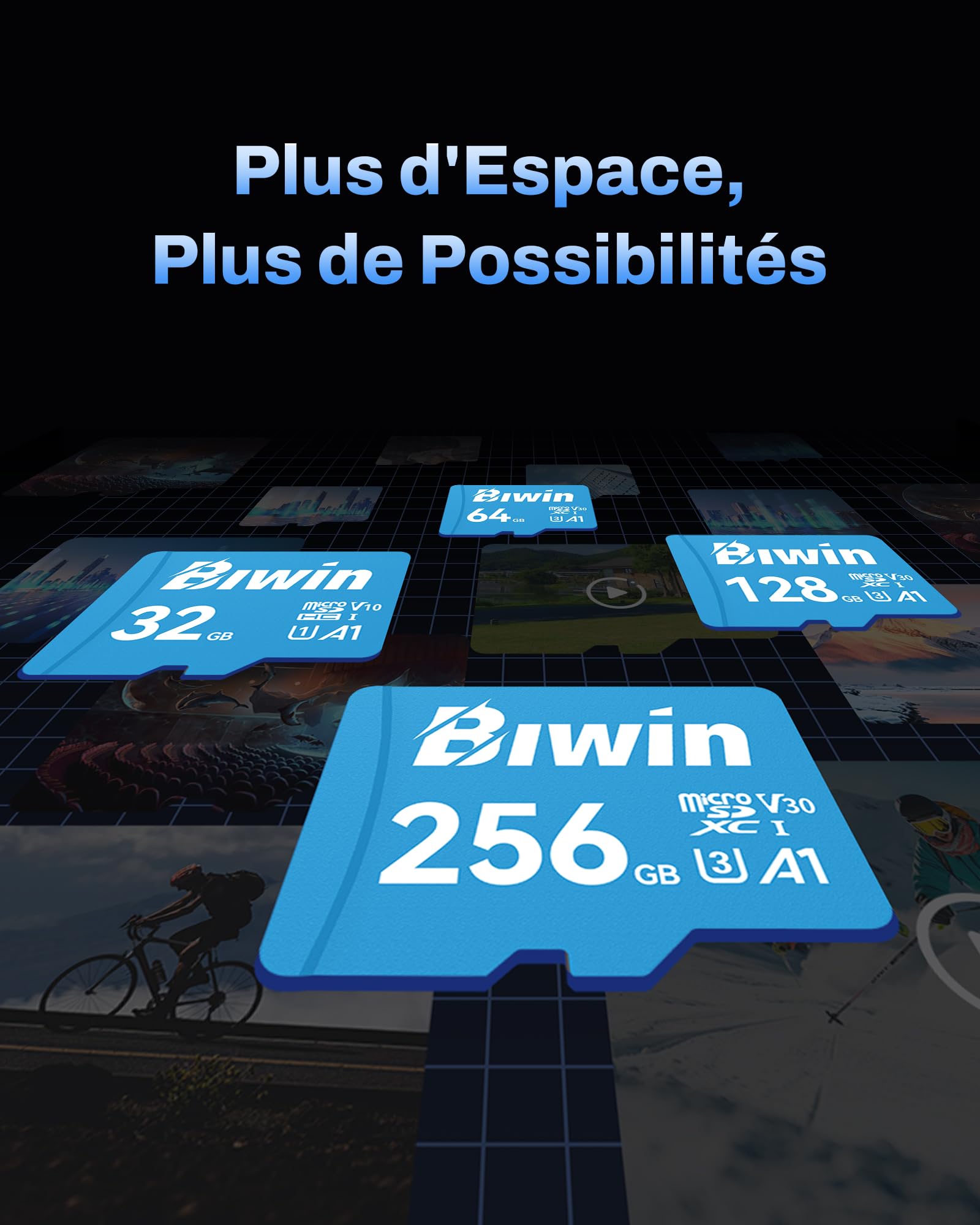 Carte Micro SDXC Biwin MS100 64 Go, MicroSD UHS-I A1 V30 U3 Classe 10, 100 Mo/s