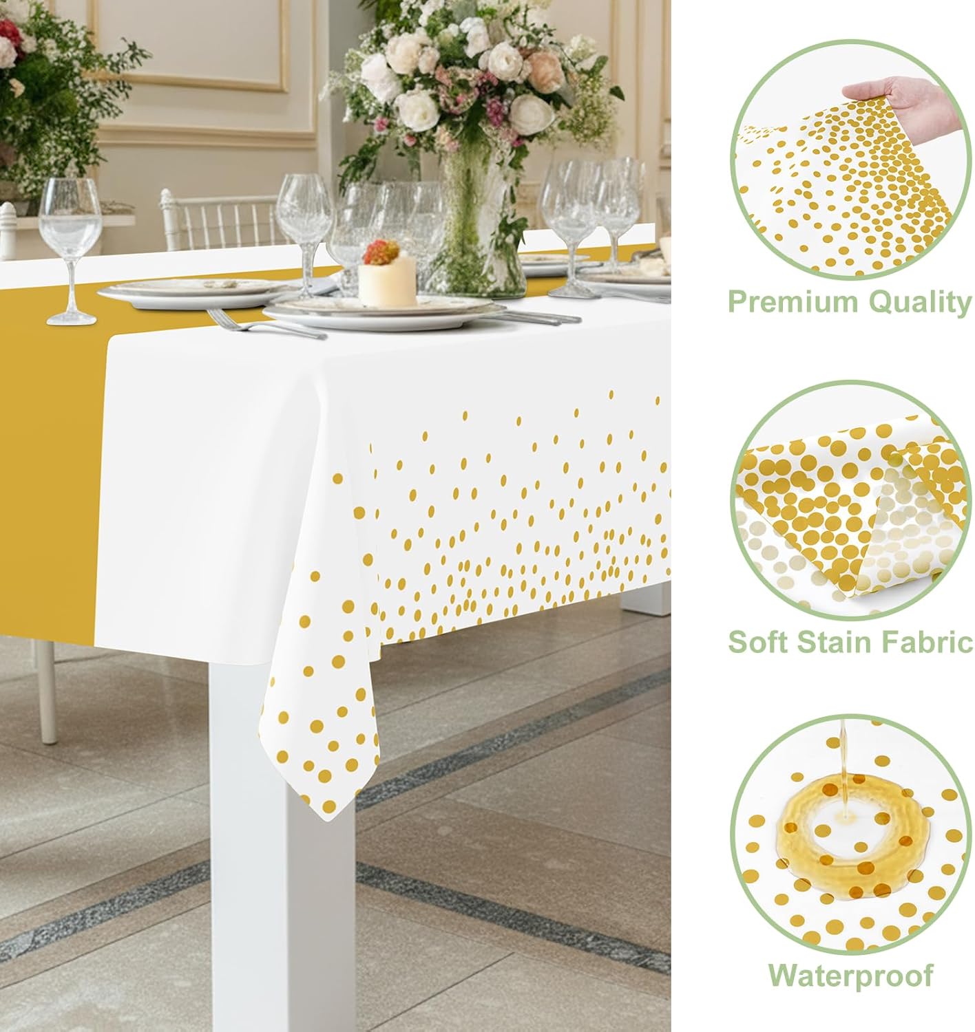 Smiry Plastic Table Cloth Disposable 10 Pack, 54 x 108 Inch Rectangle Waterproof Tablecloth, Printed Gold Table Runner Style for Birthday Weeding, Party Decorations, Leakproof & Sturdy, White and Gold