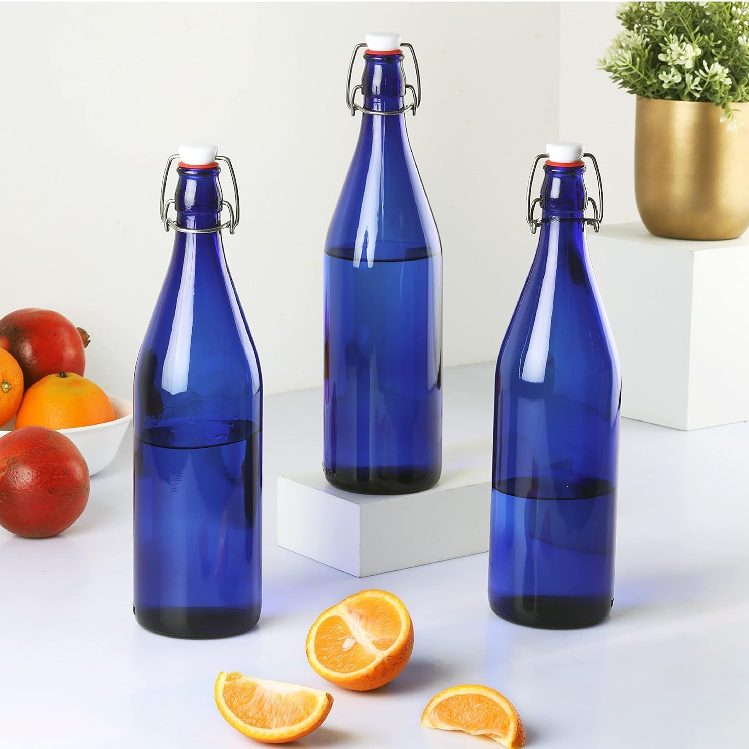 CELLO Aquaria Glass Water Bottle Set of 3 Pcs For Daily Use 1000 ml, Navy Blue | Durable Freezable & Fridge Safe, Leakproof & Leadfree Toughened Glass Water Bottle For Juices, Milk & Cold Beverages