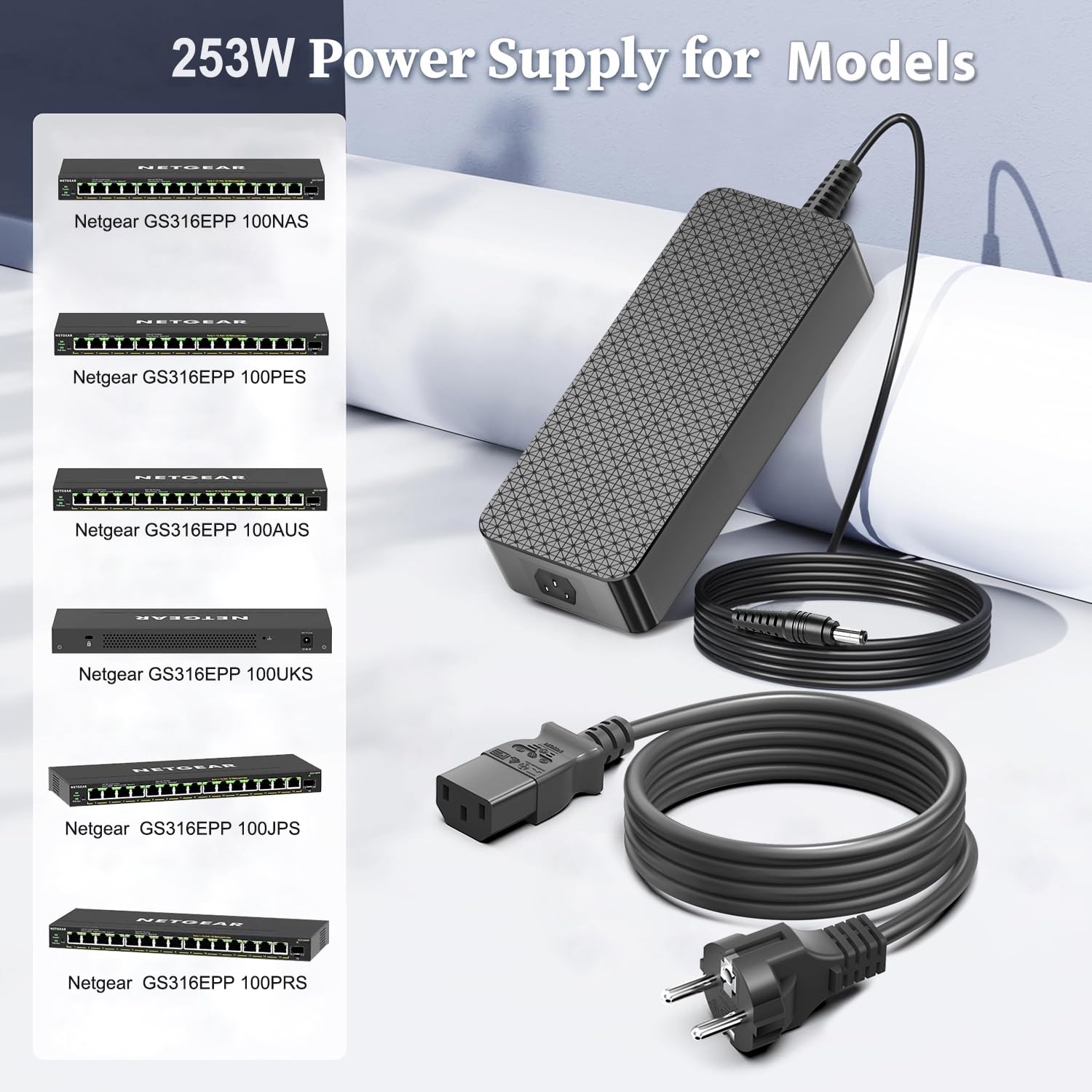 KFD Bloc d'alimentation 54 V CC 4,7 A pour NETGEAR GS116LP GS316EP GS116LP-100EUS 100NAS 100AJS GS316EP-100PES GS116PP GS316PP GS316EPP PoE Switch 16 ports Gigabit Ethernet LAN Switch PoE+ Power