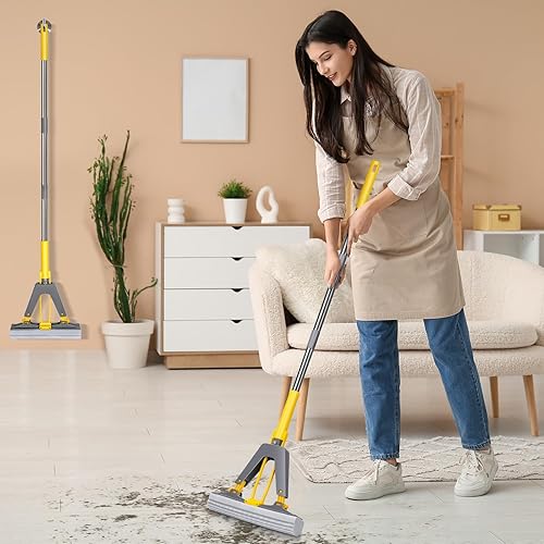 Miniatura 7 de Trapeador de esponja, mopa de esponja Masthome con rodillo, fácil de apretar y mango de acero inoxidable, mopas de PVA con 3 repuestos absorbentes