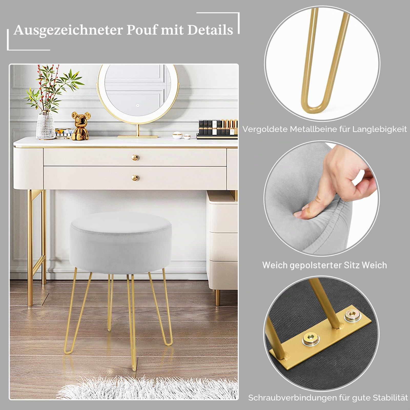 HOMASIS runder Hocker für Schminktisch, Sitzhocker aus Samt, Kleiner Fußhocker mit goldenen Metallbeinen, eleganter Polsterhocker, Schminkhocker für Wohnzimmer Schlafzimmer, 34 x 46 cm (Grau)