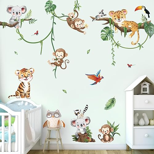 Miniatura 2 de decalmile Calcomanías de pared de rama de árbol de animales de selva, safari animal, mono, koala, calcomanías de pared para bebé, guardería,