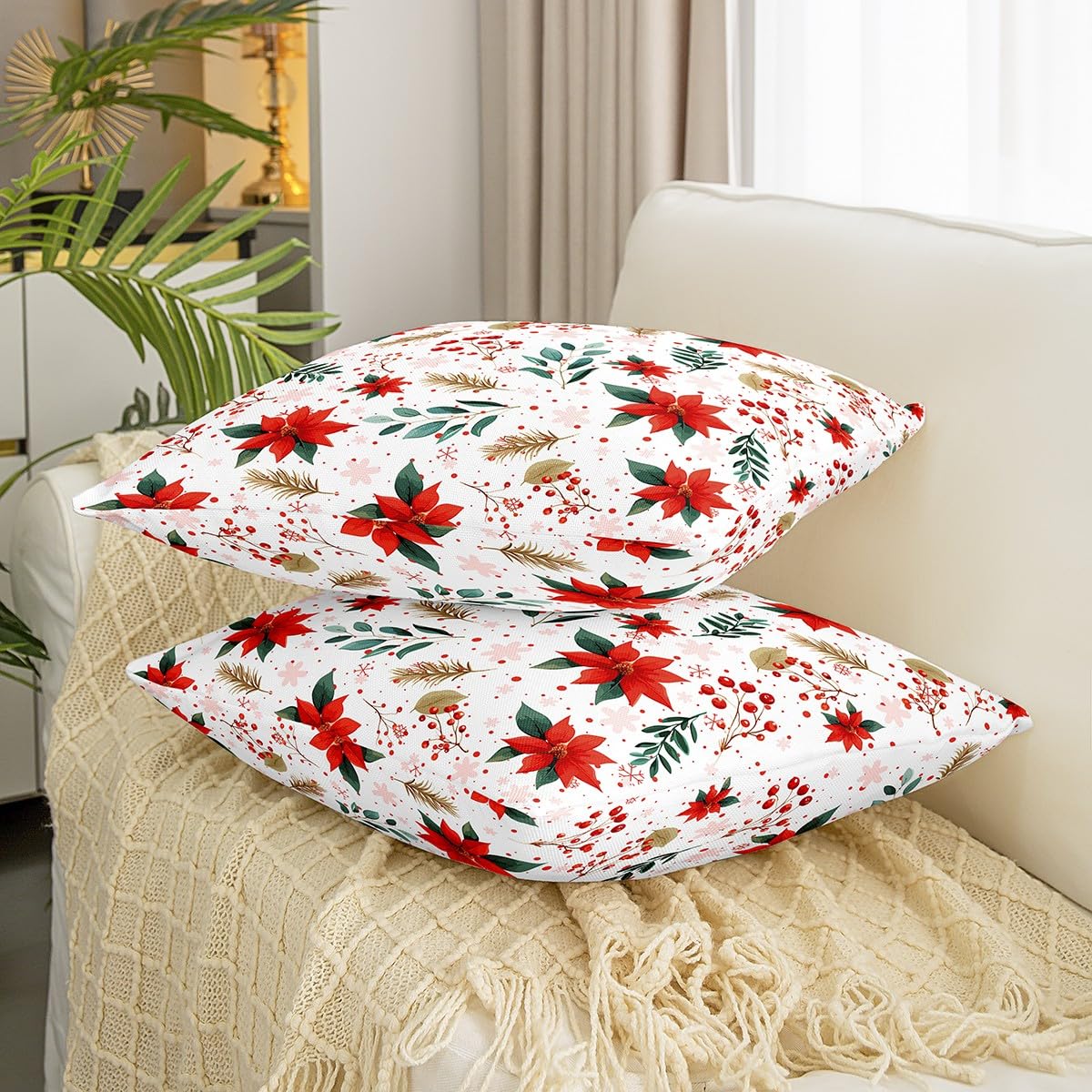 Homemissing Juego de 4 fundas de almohada navideñas de 45 x 45 cm, decoración botánica floral, fundas de almohada para sofá, cama, silla, coche, Navidad, copo de nieve, fundas de cojín suaves para
