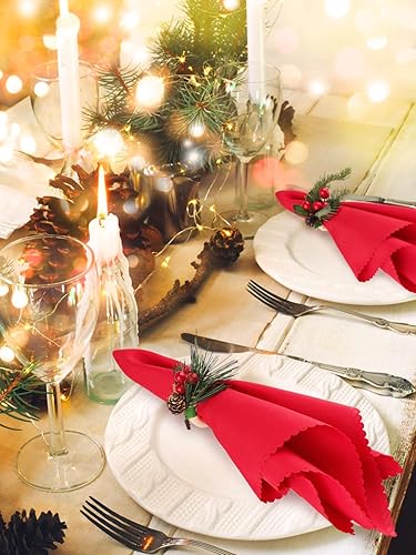 Miniatura 6 de Juego de 16 servilleteros de Navidad, juego de hebillas de servilletas de Navidad, 8 conos de pino, servilletas, 8 servilleteros, suministros de