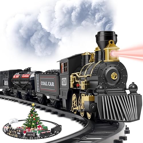 OleFun Juego de tren, tren negro eléctrico con vapor de agua, sonidos y luces, modelo de tren de Navidad para debajo del árbol, kit de ferrocarril