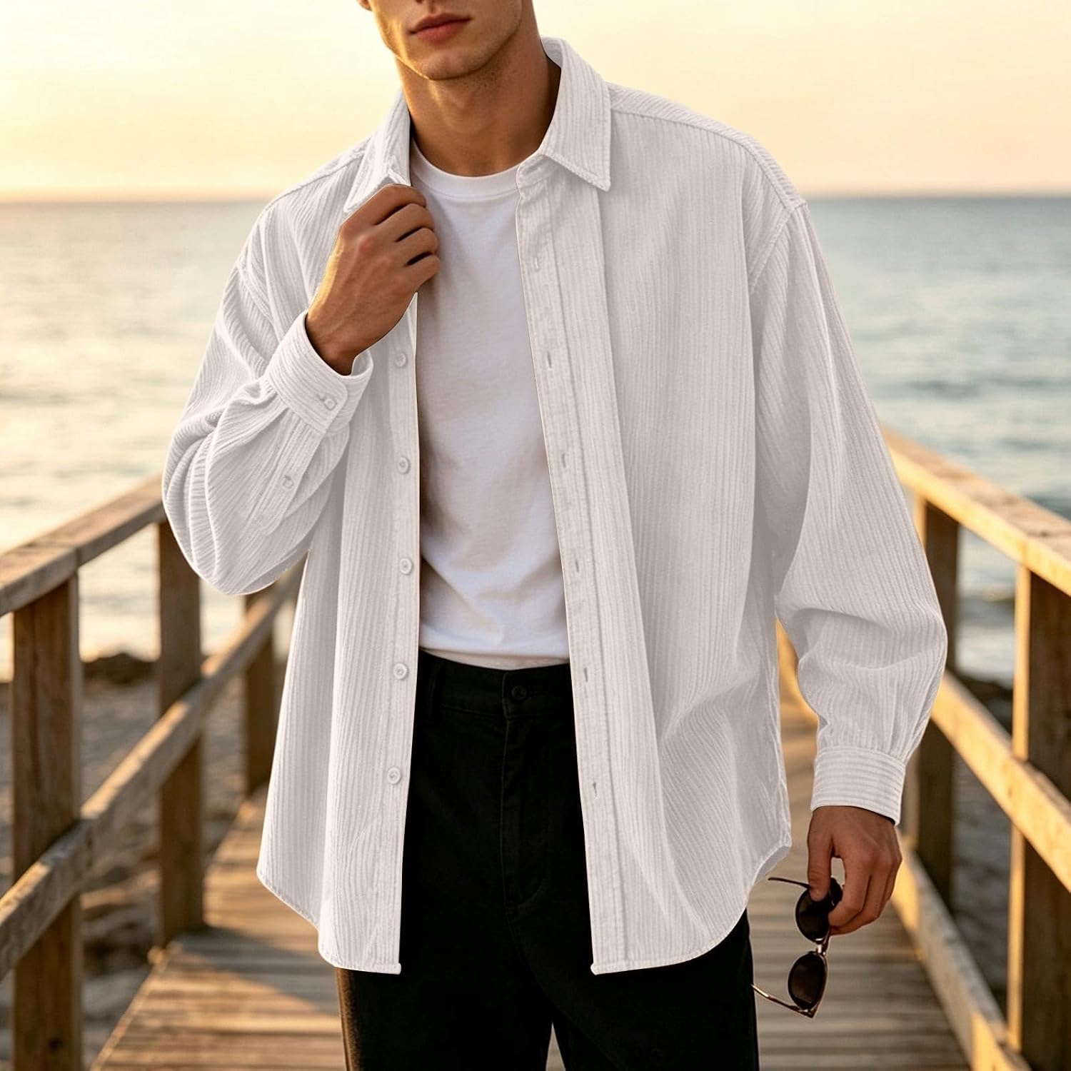 Men Striped Corduroy Collar Shirts Long Sleeve Button Down Shacket