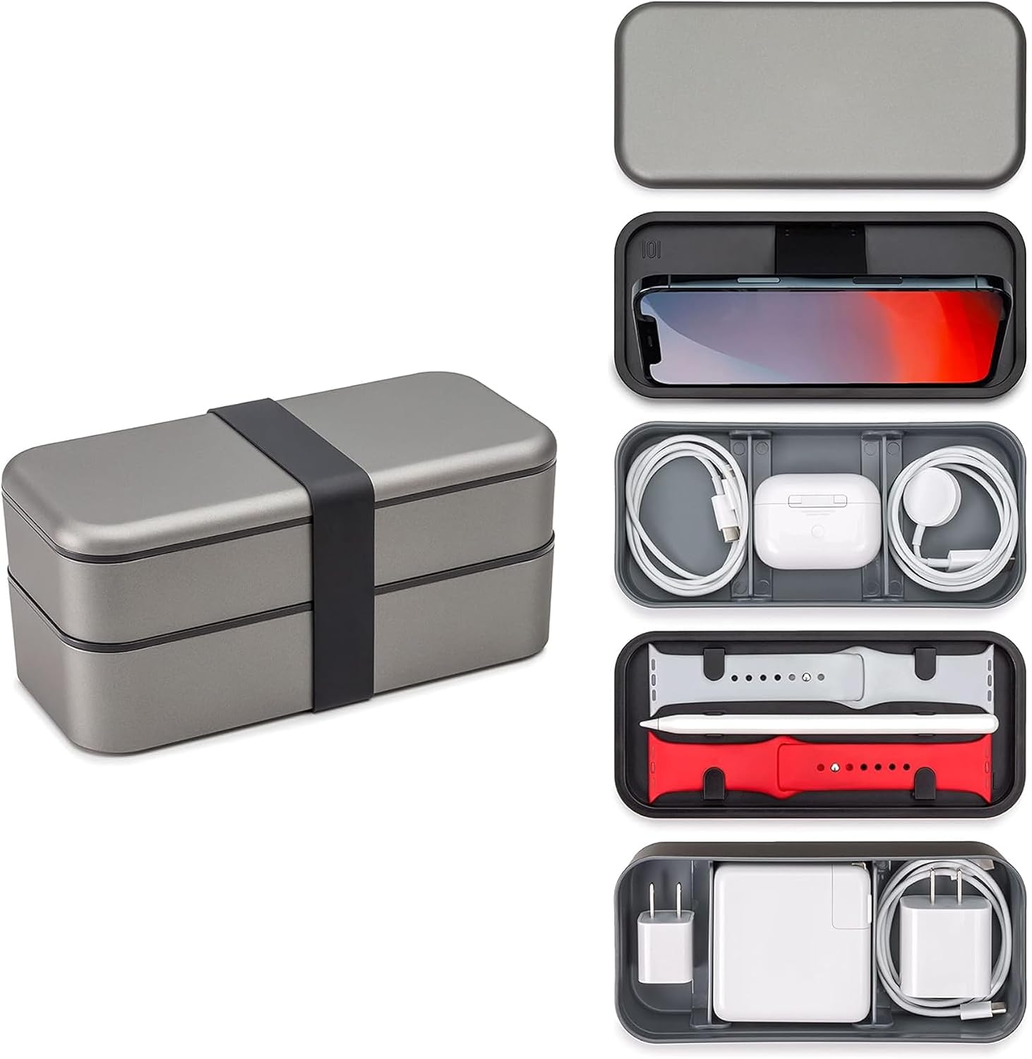 Function101 BentoStack Tech Bag Organizer (Space Gray) - Modular, Stackable, Travel Tech Organizer for Apple Products - Adjustable Dividers, Compact, Desktop Storage Solution