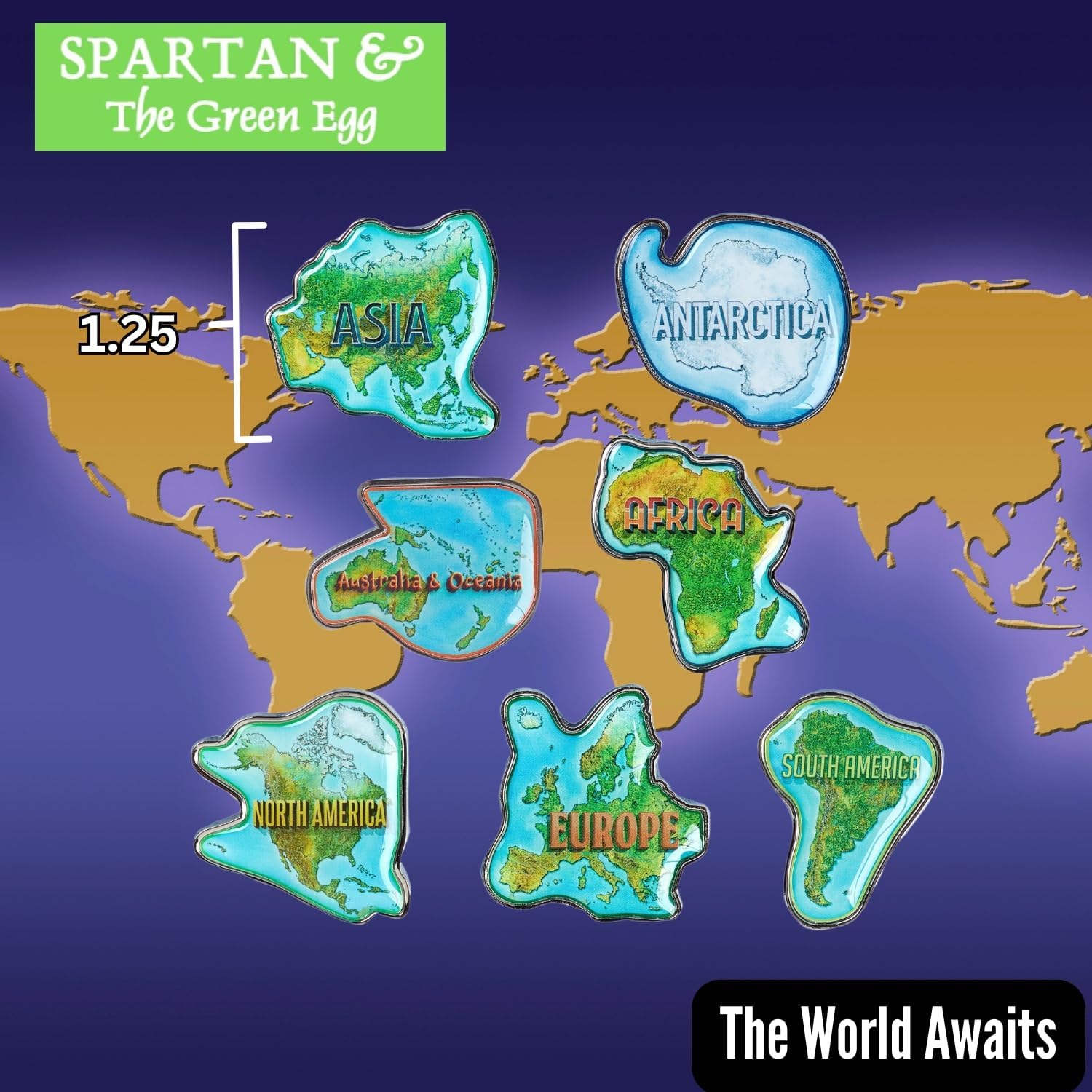 Continent Pin Collection - 7 Collectible Pins - Asia, Europe, Africa, North America, South America, Australia, Antarctica - 1.25 Inch Jeweler Class Metal - Ages 13+