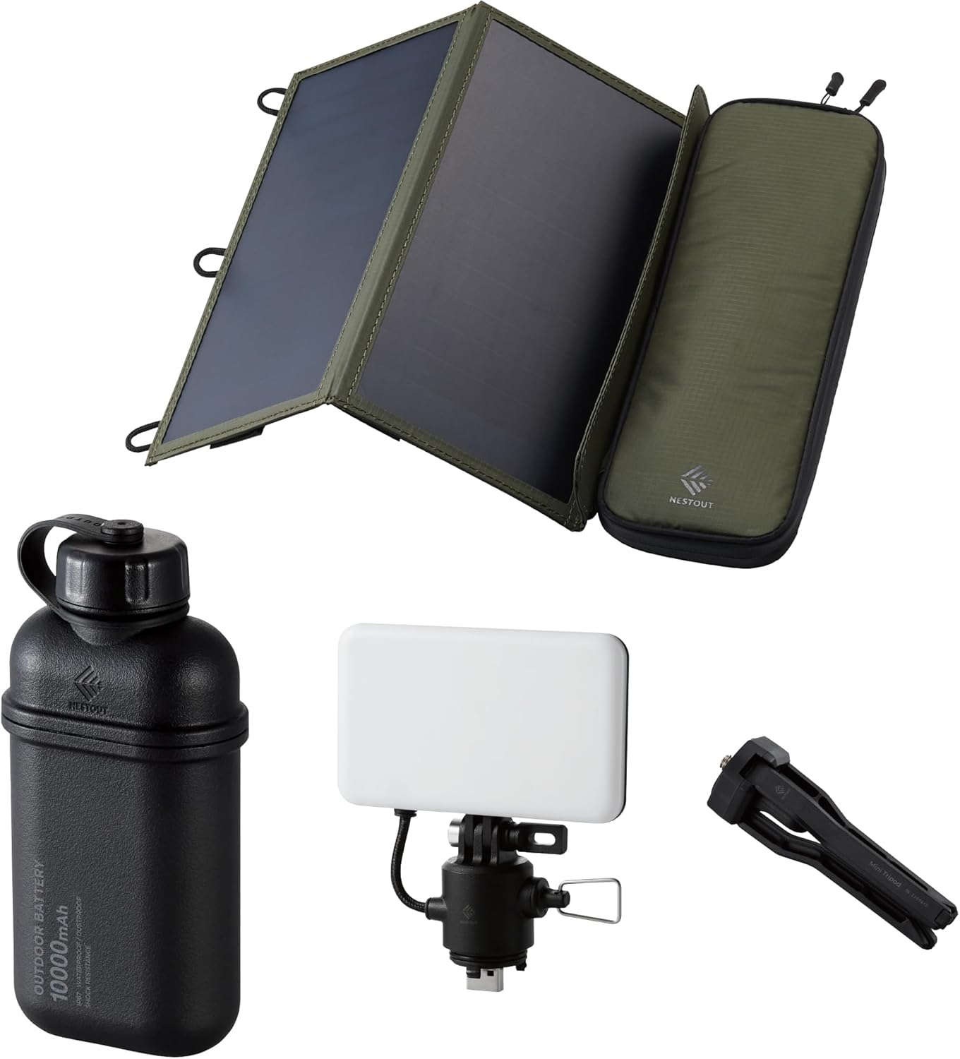 ELECOM NESTOUT 10000mAh Outdoor Power Bank + 2-Panel Solar Panel Charger + Flash-1 LED Flash Light Panel 1000 Lumen - Black